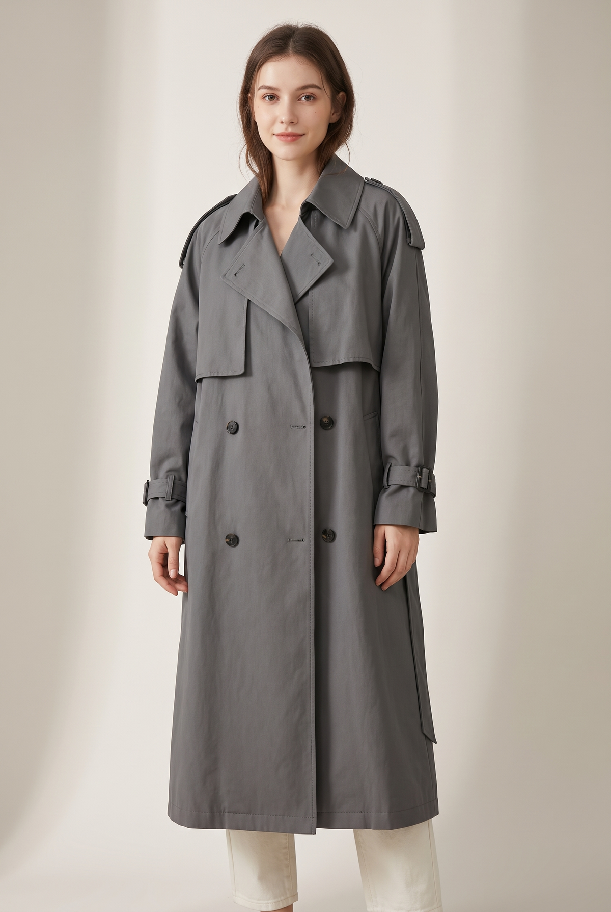 Women's Trench Jacket Long Oversized Double-Breasted in Gray, on model