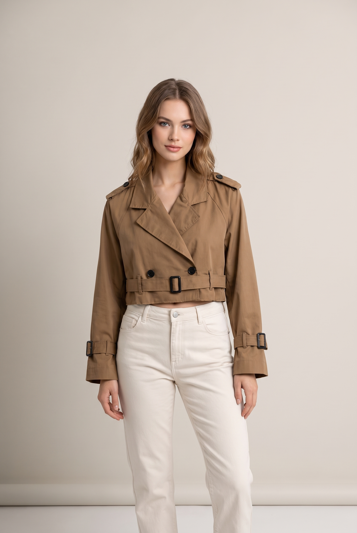 Women's Trench Jacket Cropped Button-Front in Brown, on model