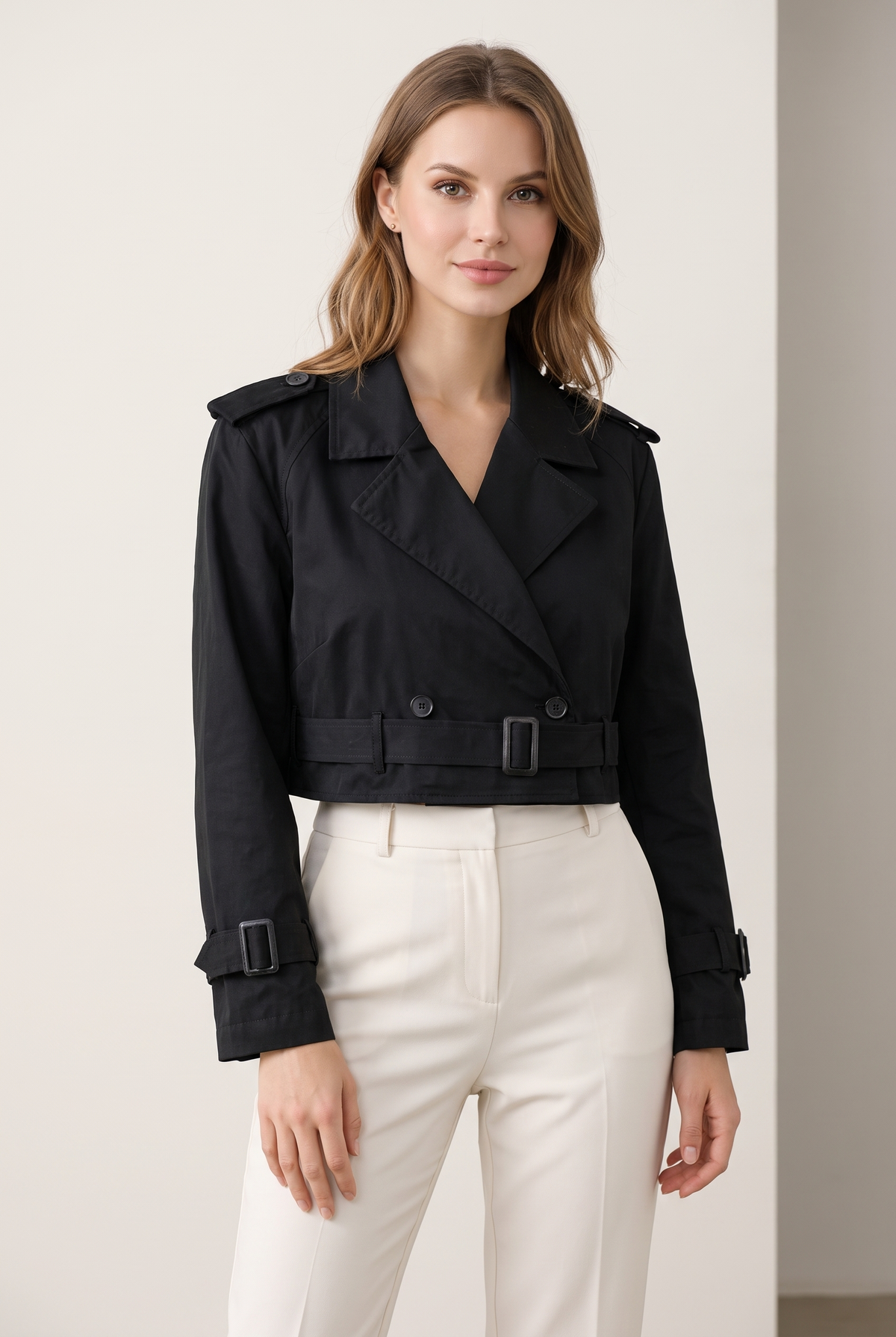 Women's Trench Jacket Cropped Button-Front in Black, on model