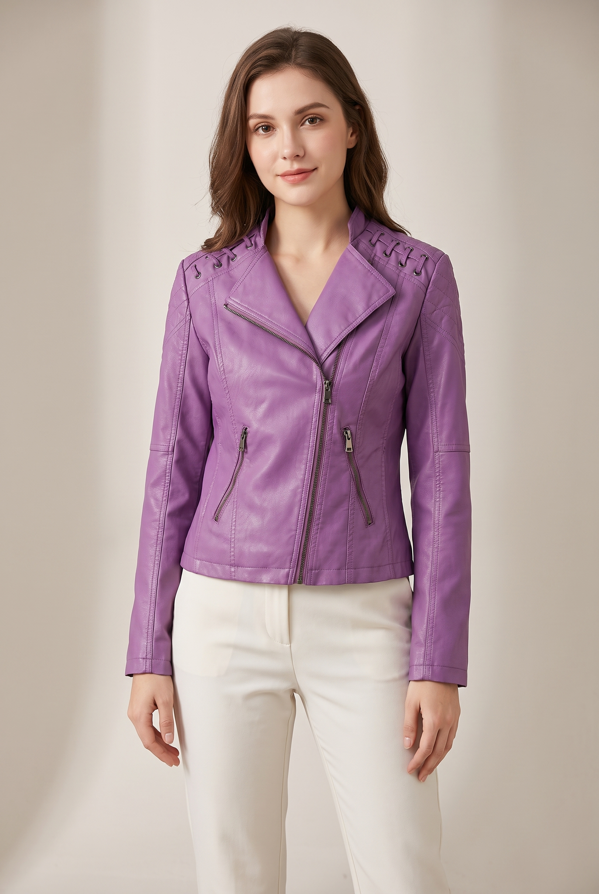 Victoria Women's Faux Leather Moto Jacket in Violet, on model