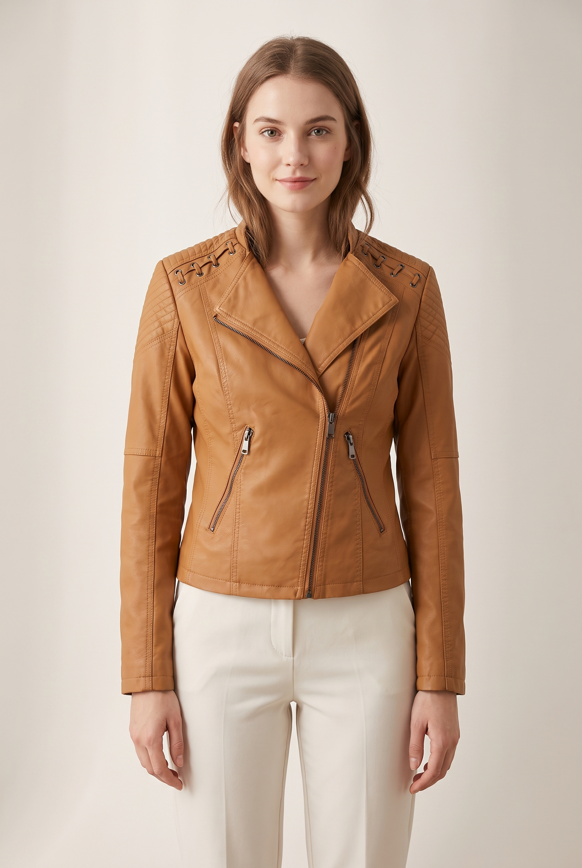Victoria Women's Faux Leather Moto Jacket in Camel, on model