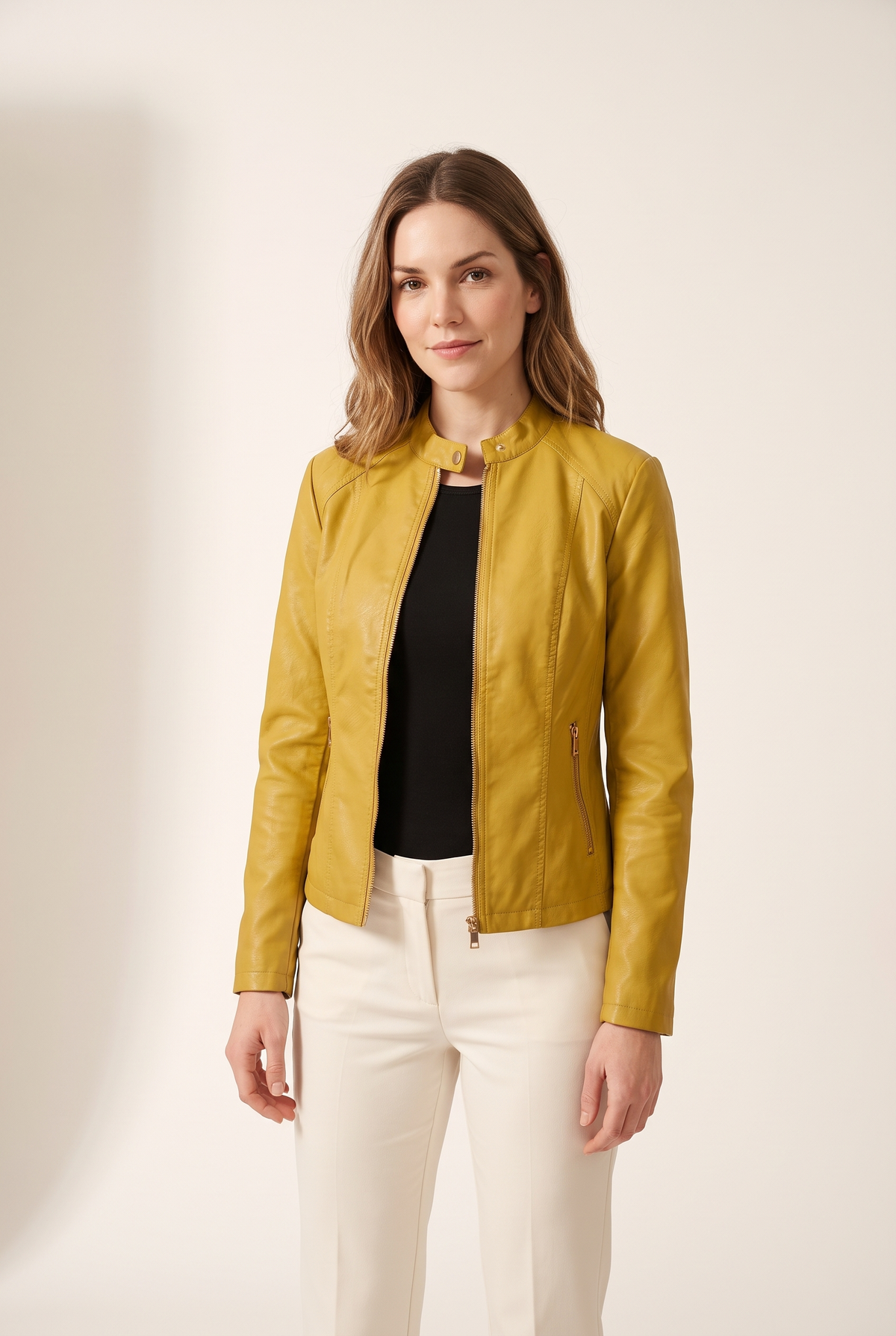Jenny Women's Faux Leather Zip-Up Jacket in Yellow, on model
