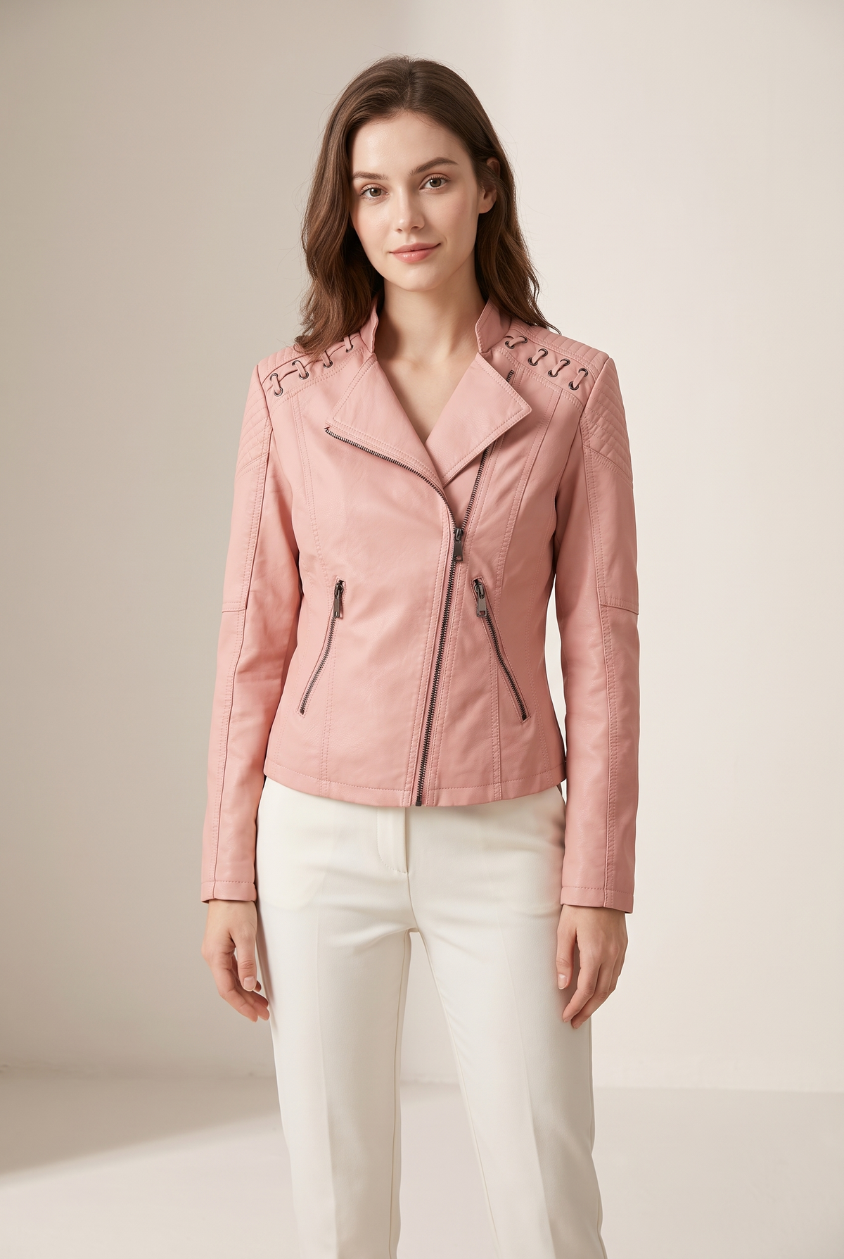 Victoria Women's Faux Leather Moto Jacket in Pink, on model