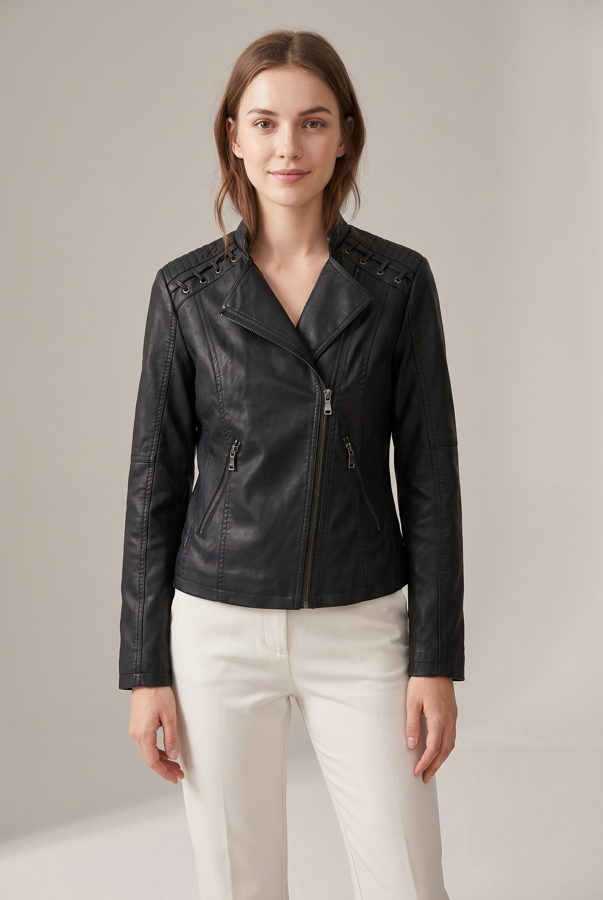 Victoria Women's Faux Leather Moto Jacket in Black, on model