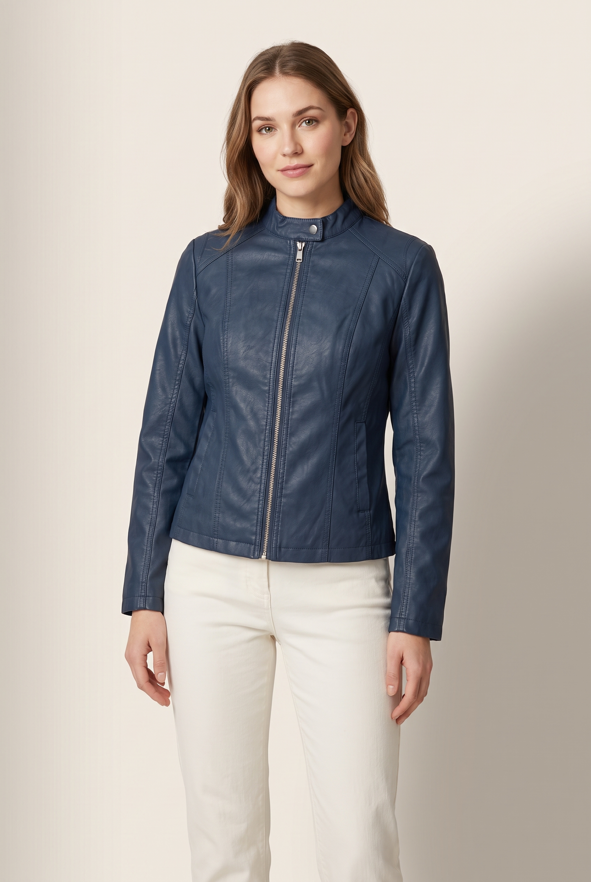 Jenny Women's Faux Leather Zip-Up Jacket in Dark Blue, on model