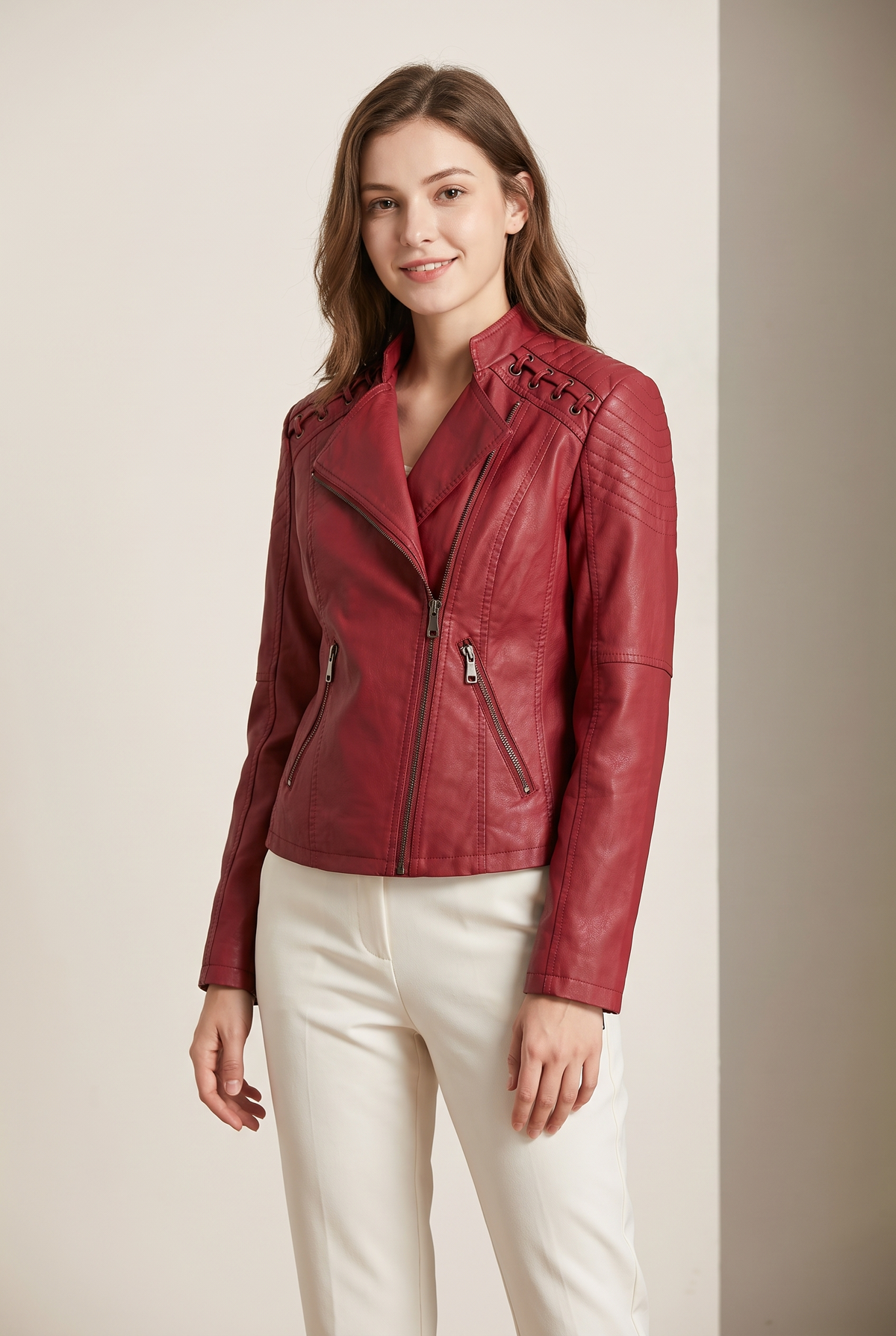 Victoria Women's Faux Leather Moto Jacket in Red, on model