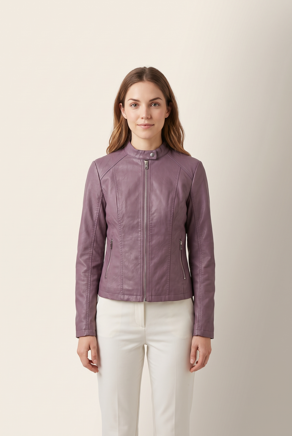 Jenny Women's Faux Leather Zip-Up Jacket in Violet, on model