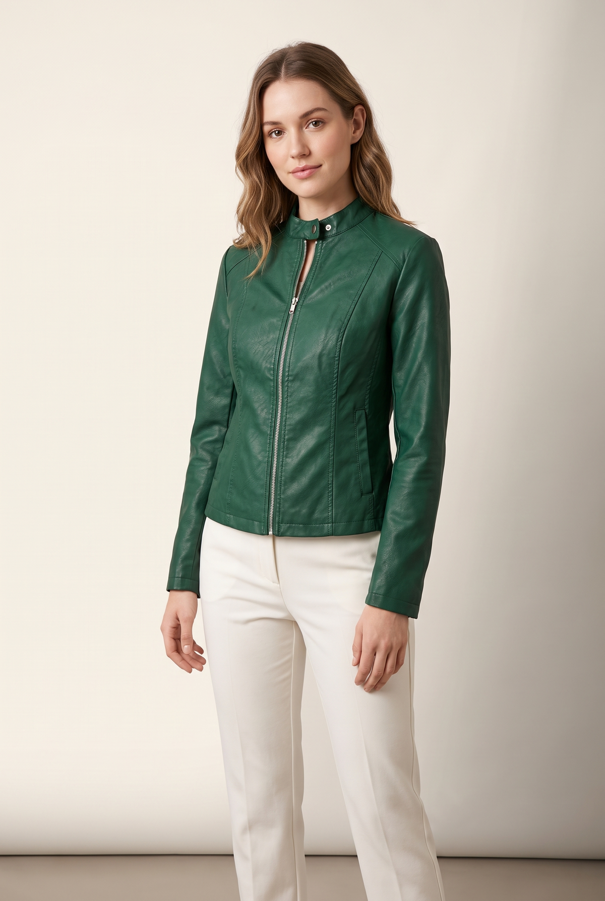 Jenny Women's Faux Leather Zip-Up Jacket in Green, on model