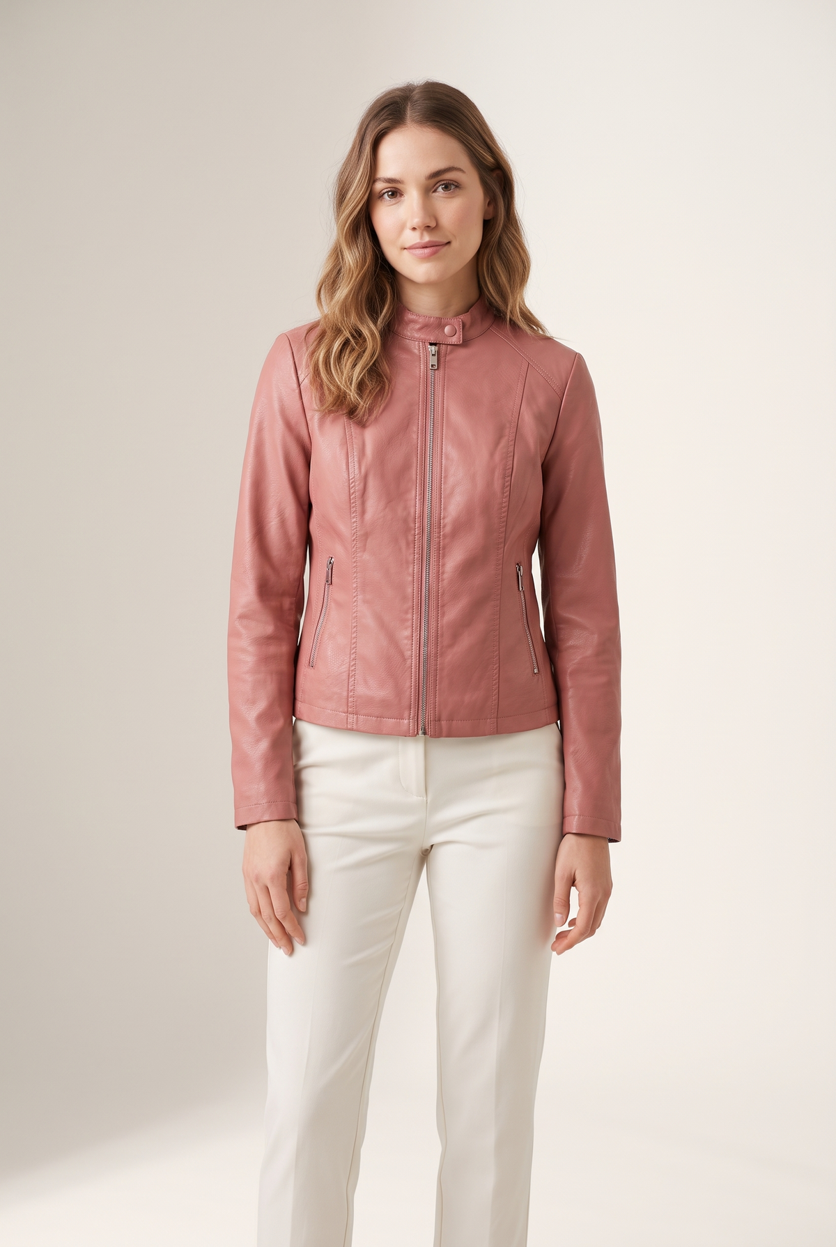 Jenny Women's Faux Leather Zip-Up Jacket in Pink, on model