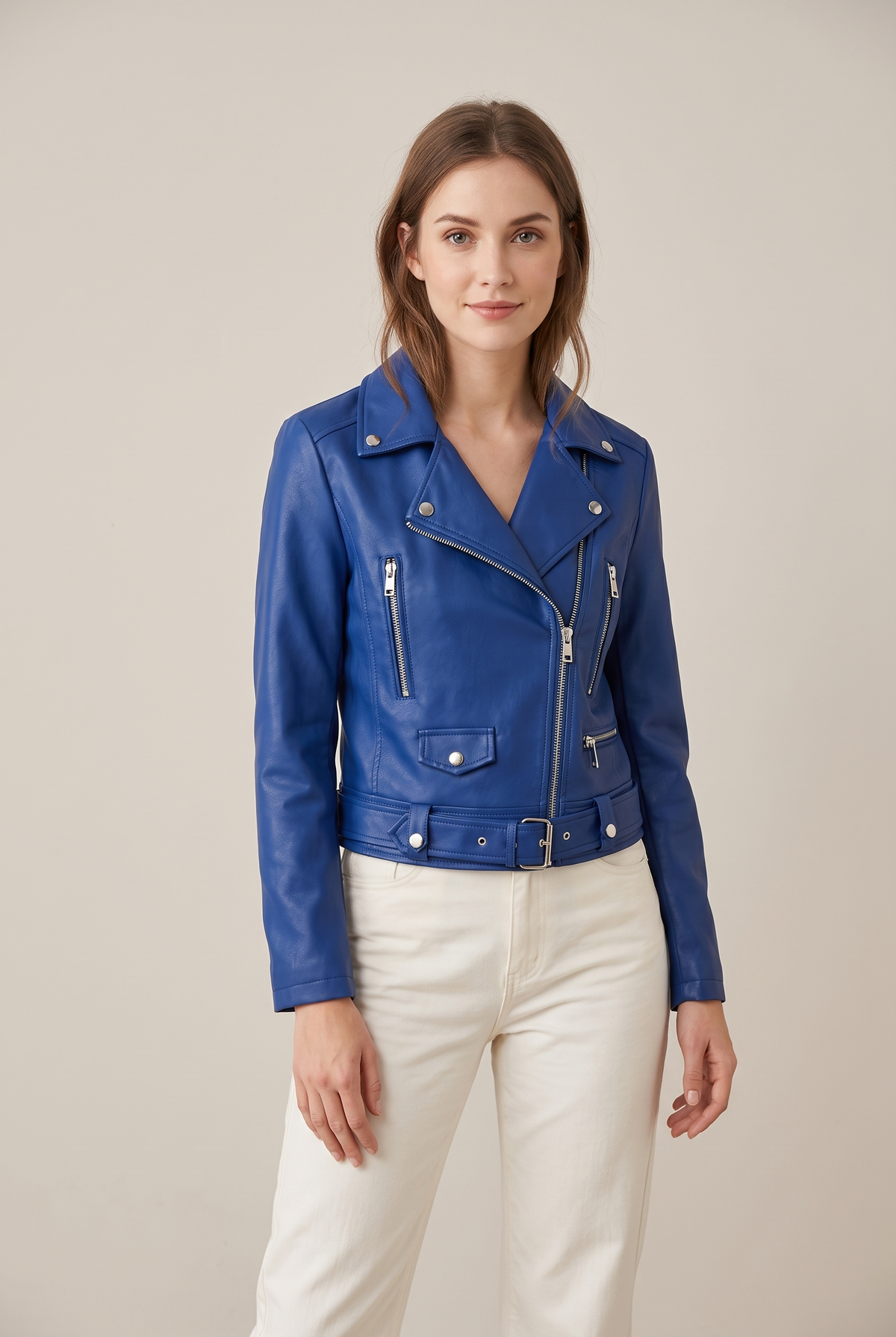 Sarah Women's Cropped Faux Leather Moto Jacket in Blue, on model