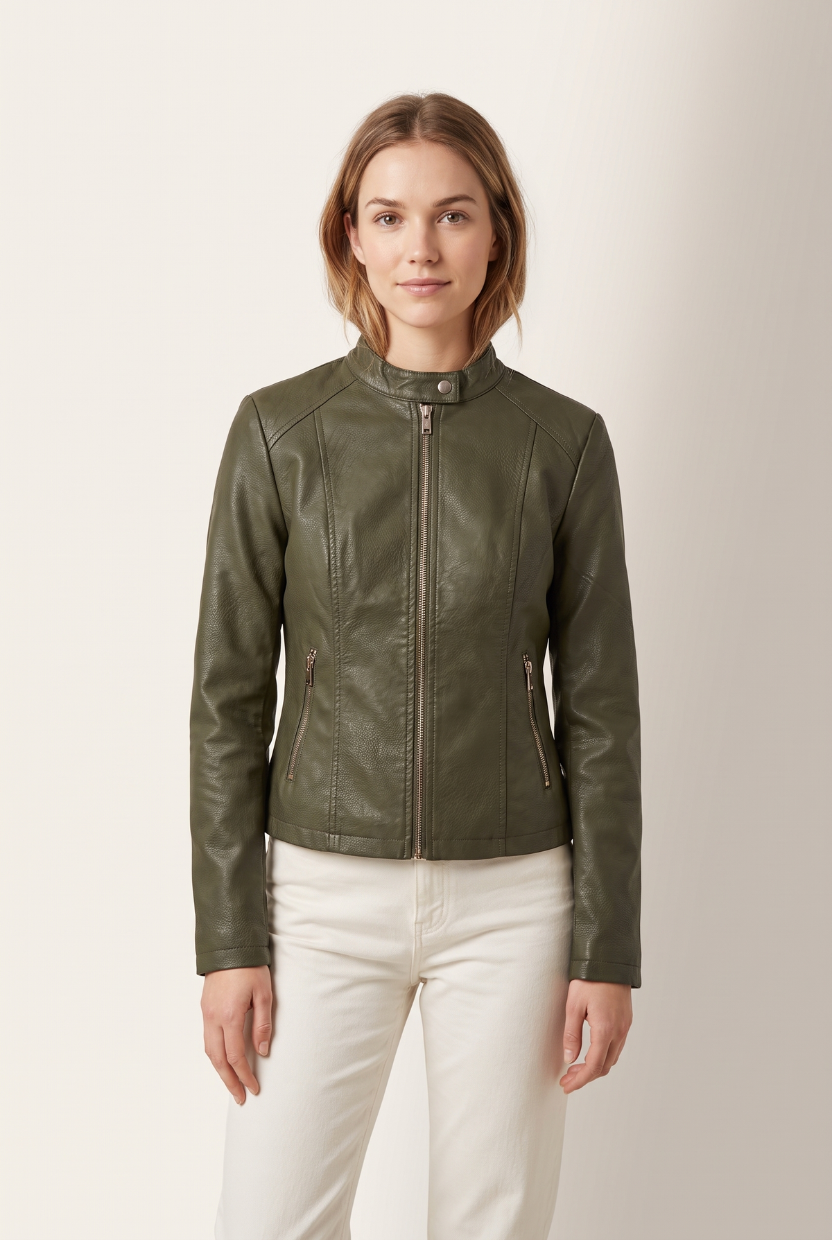 Jenny Women's Faux Leather Zip-Up Jacket in Army Green, on model