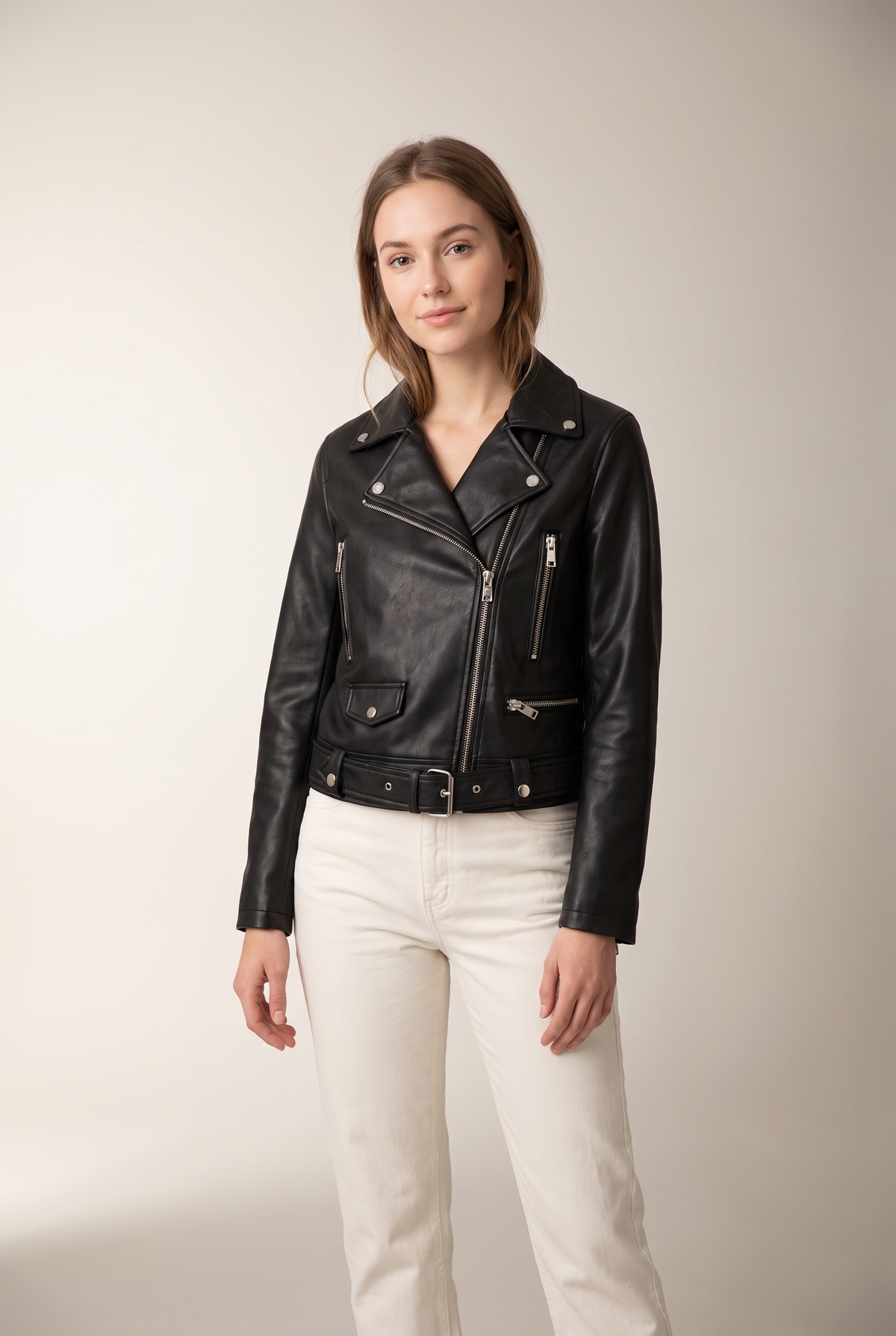 Sarah Women's Cropped Faux Leather Moto Jacket in Black, on model