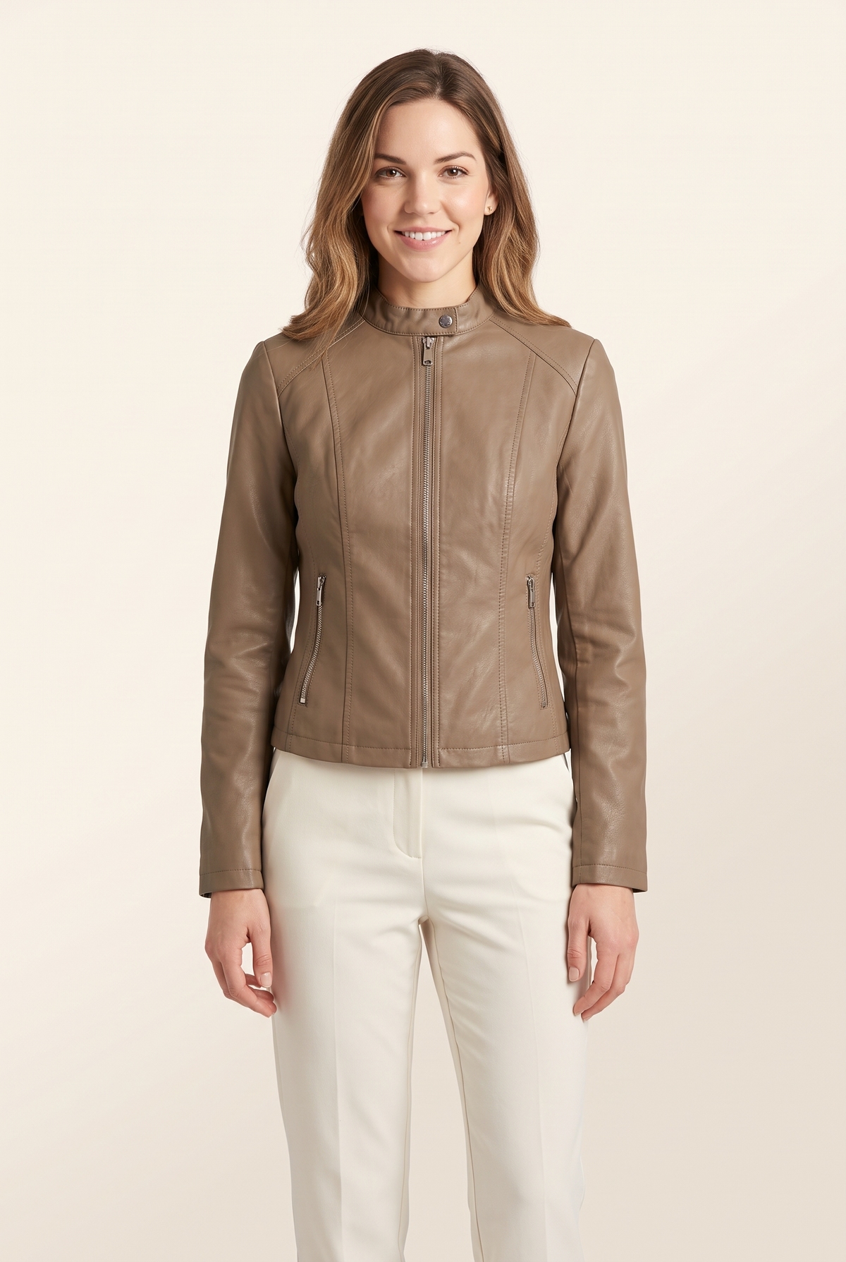 Jenny Women's Faux Leather Zip-Up Jacket in Khaki, on model