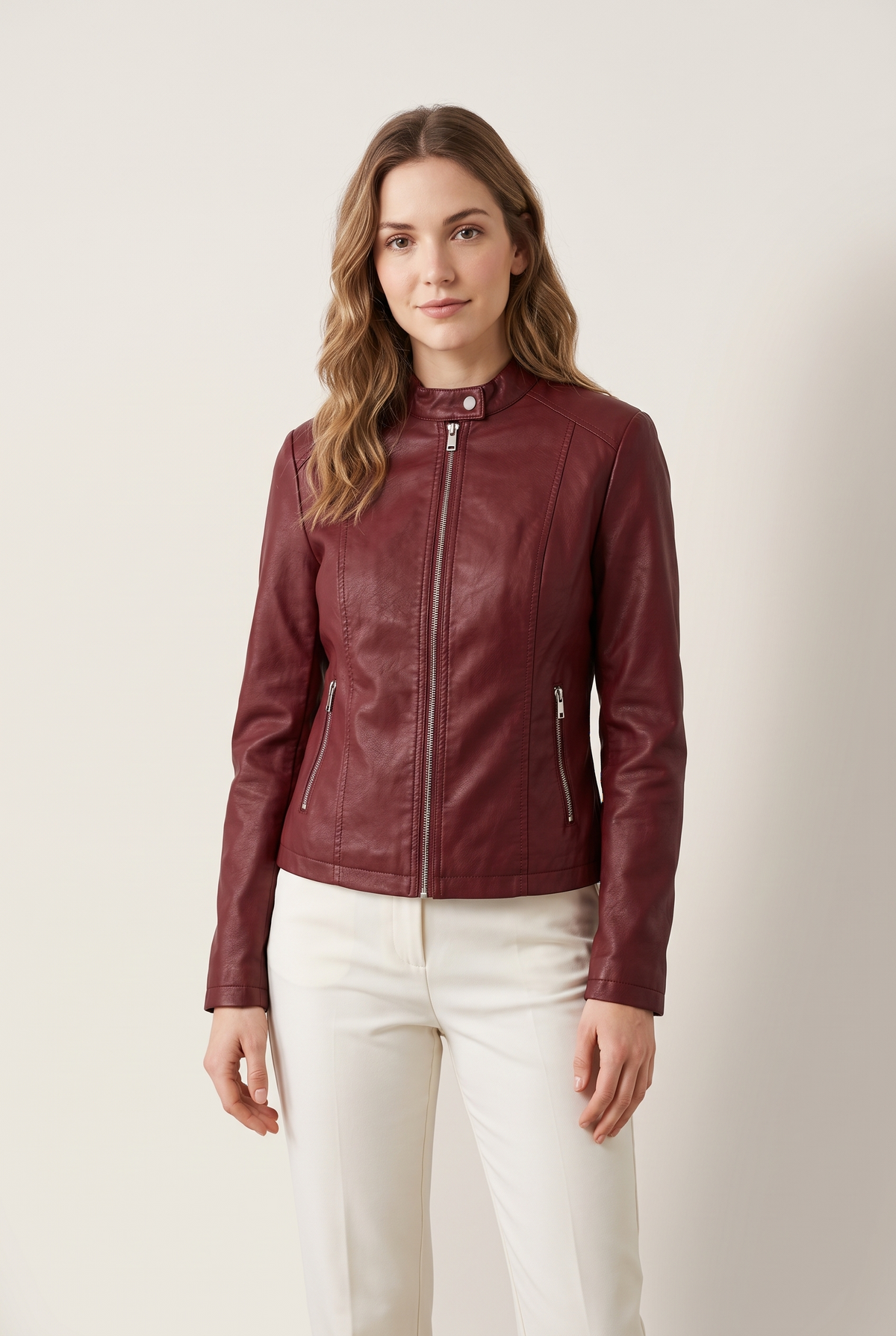 Jenny Women's Faux Leather Zip-Up Jacket in Bordeaux, on model