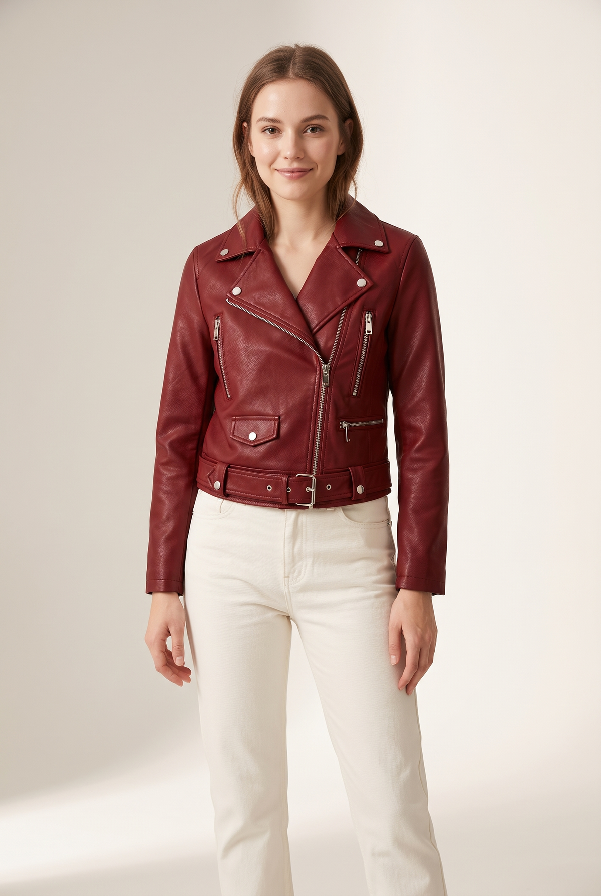 Sarah Women's Cropped Faux Leather Moto Jacket in Red, on model