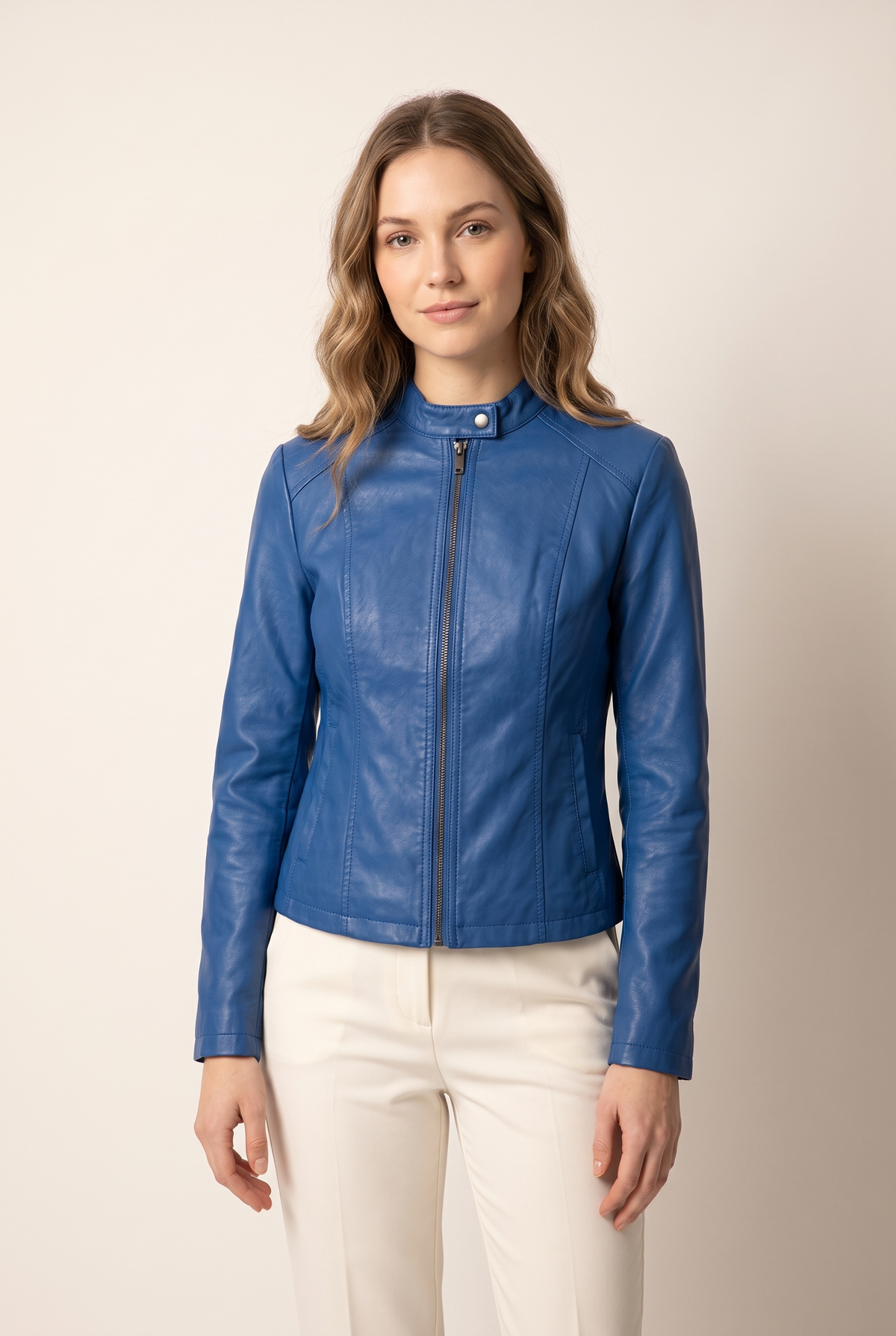Jenny Women's Faux Leather Zip-Up Jacket in Blue, on model