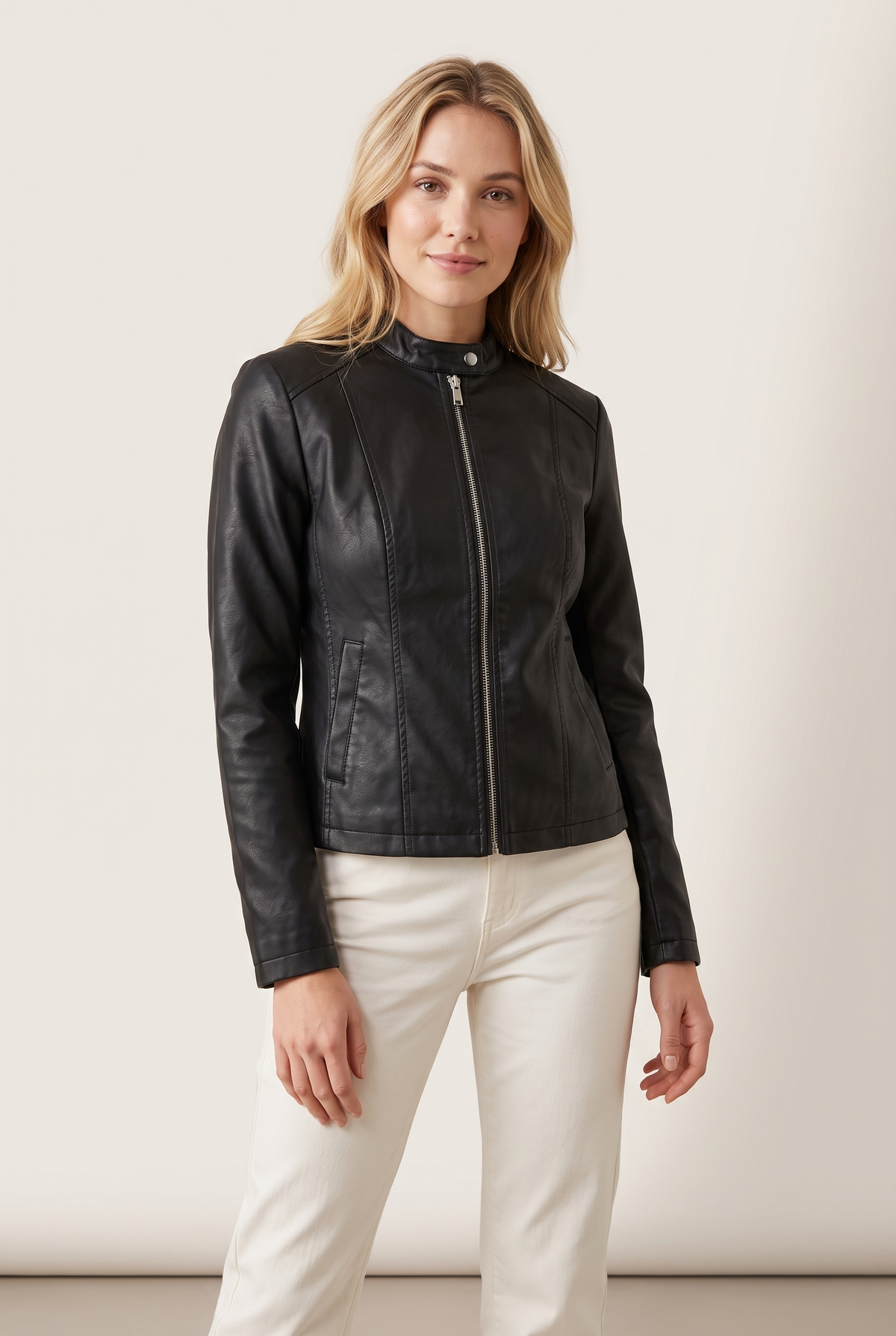 Jenny Women's Faux Leather Zip-Up Jacket in Black, on model