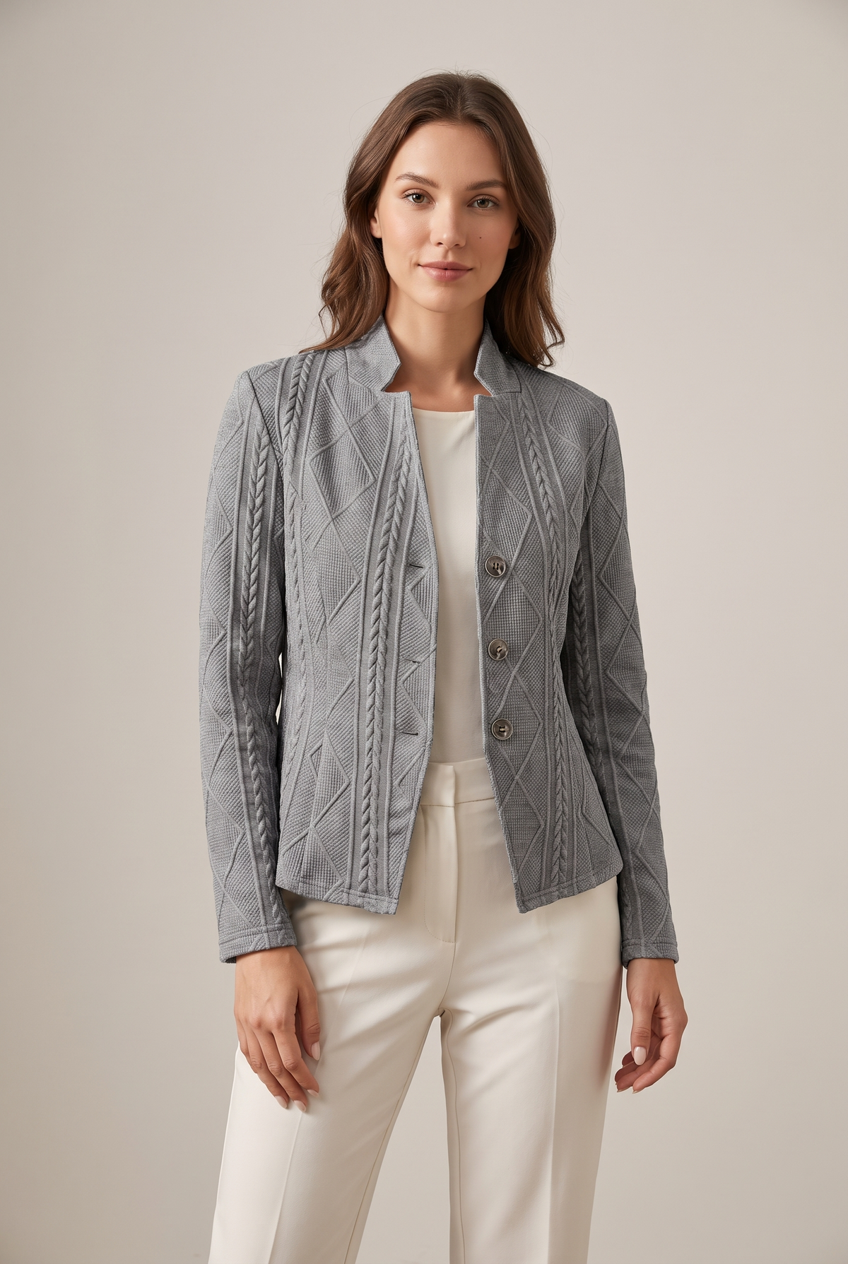 Linda Women's Structured Textured Tailored Jacket in Gray, on model