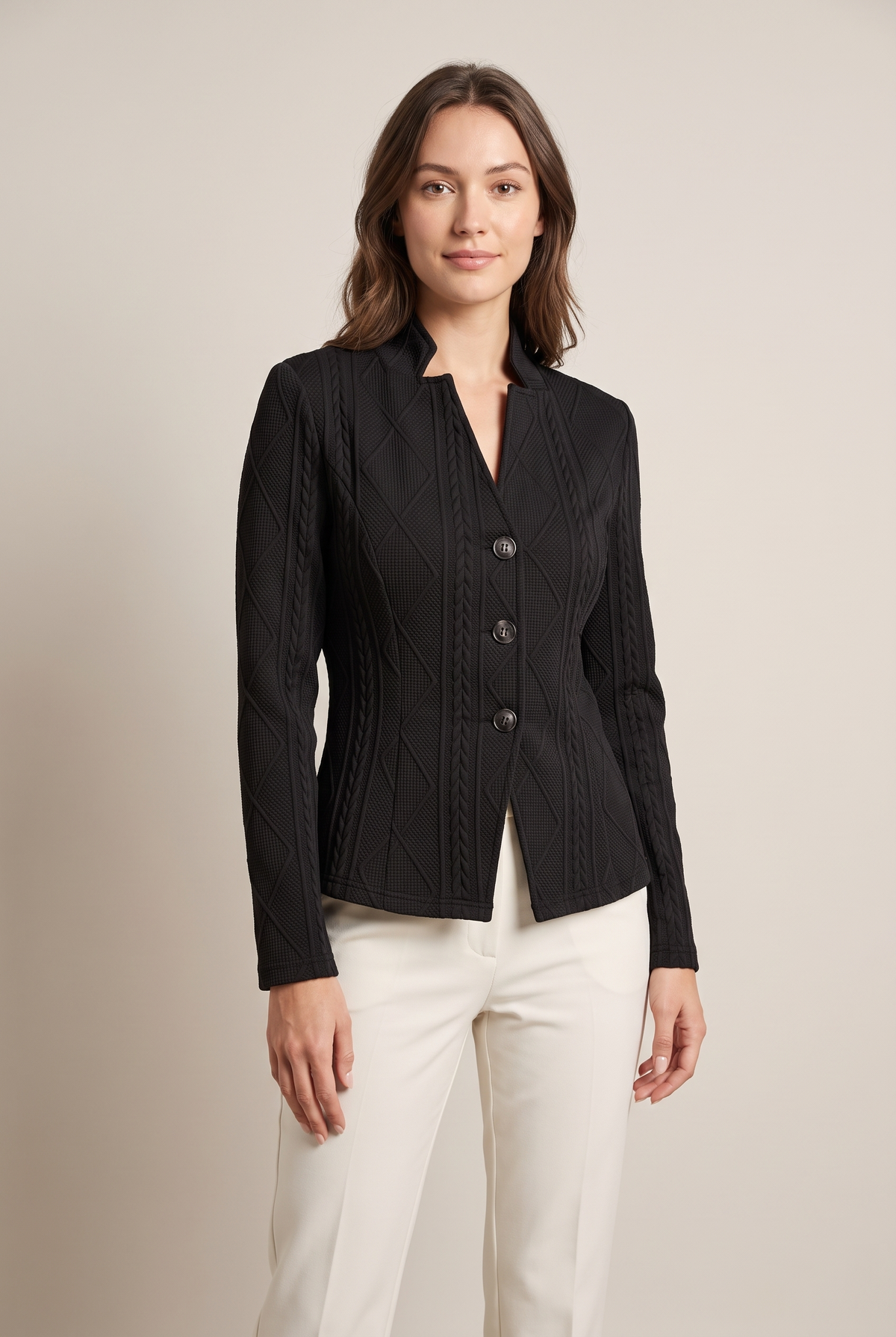 Linda Women's Structured Textured Tailored Jacket in Black, on model