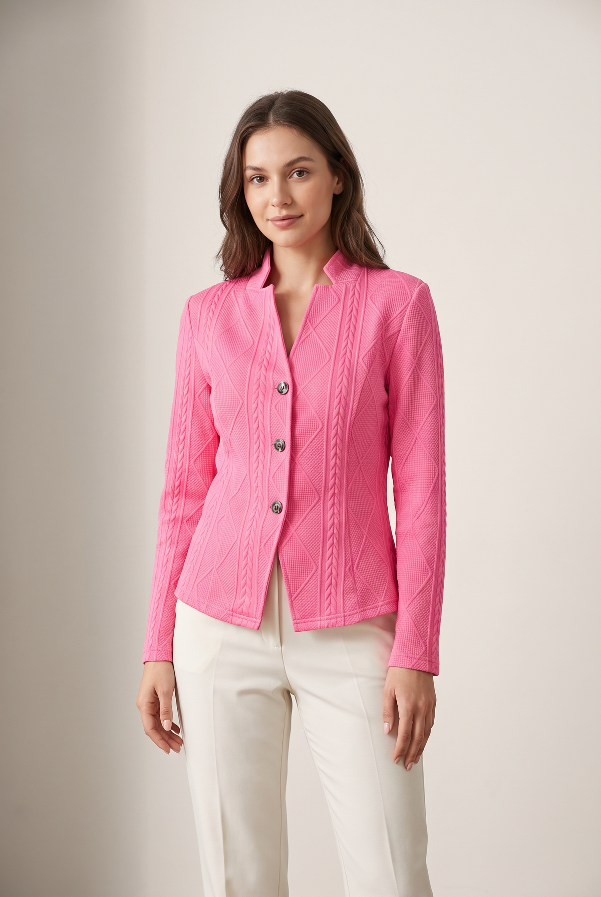 Linda Women's Structured Textured Tailored Jacket in Rose, on model