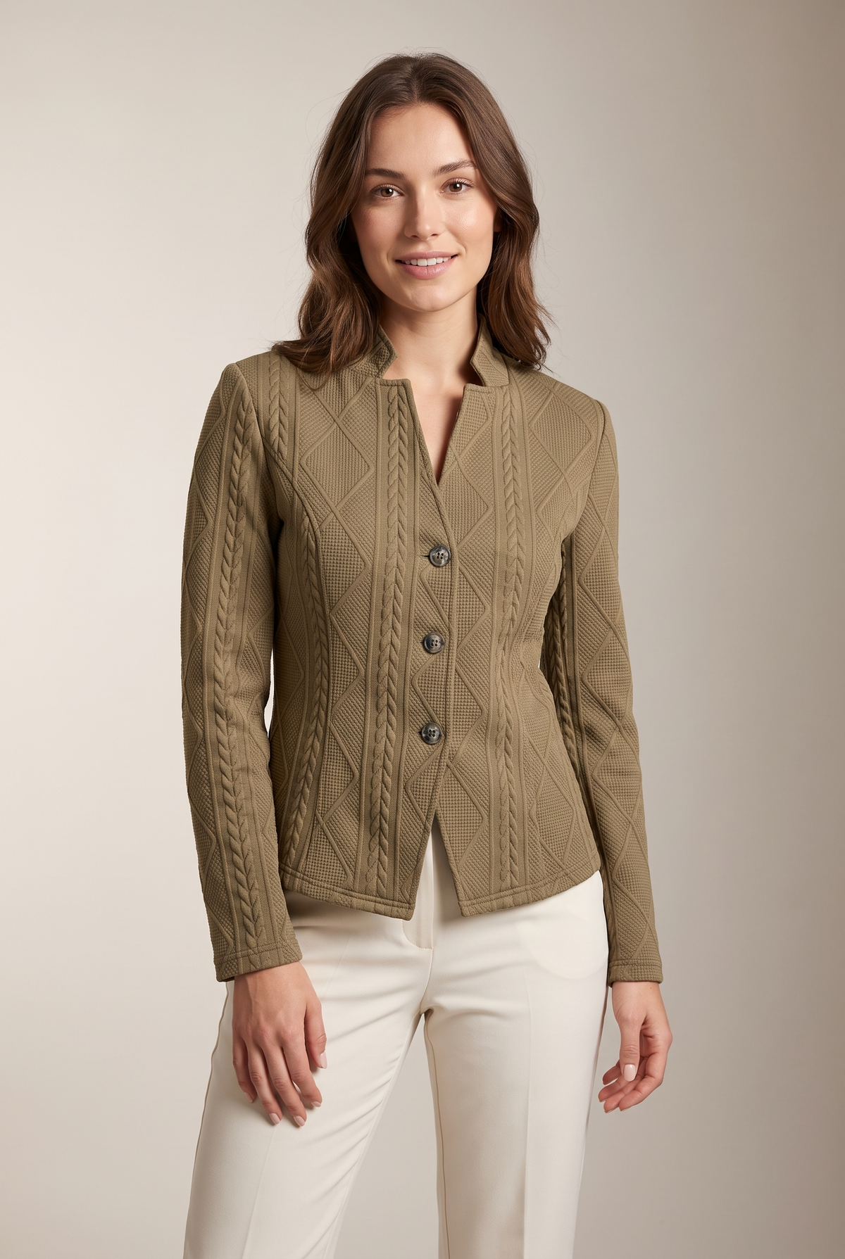 Linda Women's Structured Textured Tailored Jacket in Khaki, on model