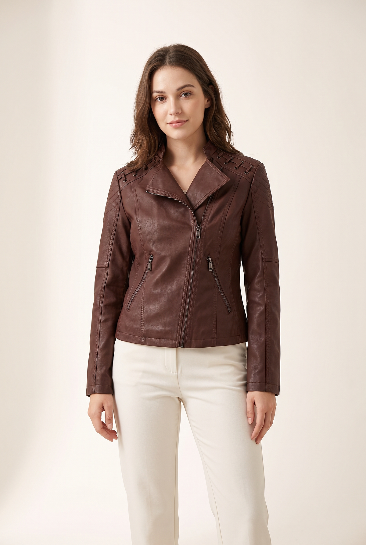 Jenny Women's Moto-Style Zip-Up Faux Leather Biker Jacket in Dark Brown, on model