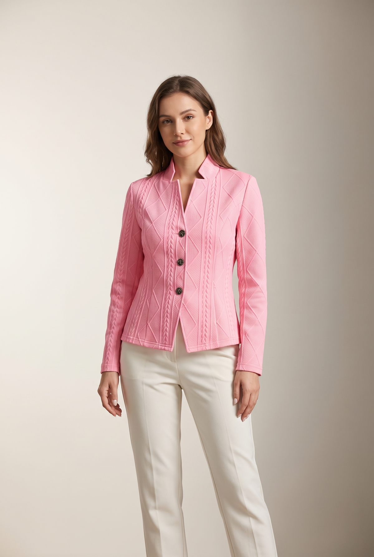 Linda Women's Structured Textured Tailored Jacket in Pink, on model