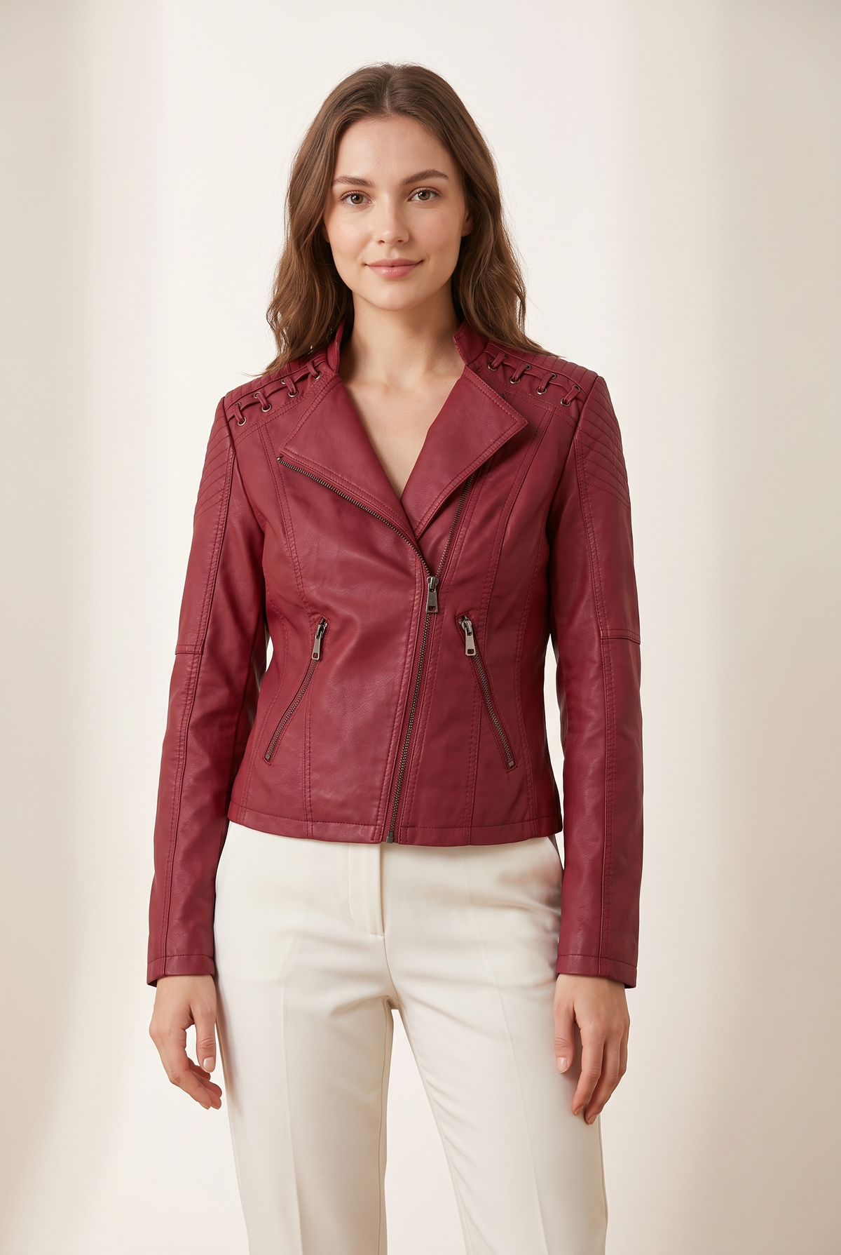 Jenny Women's Moto-Style Zip-Up Faux Leather Biker Jacket in Dark Red, on model