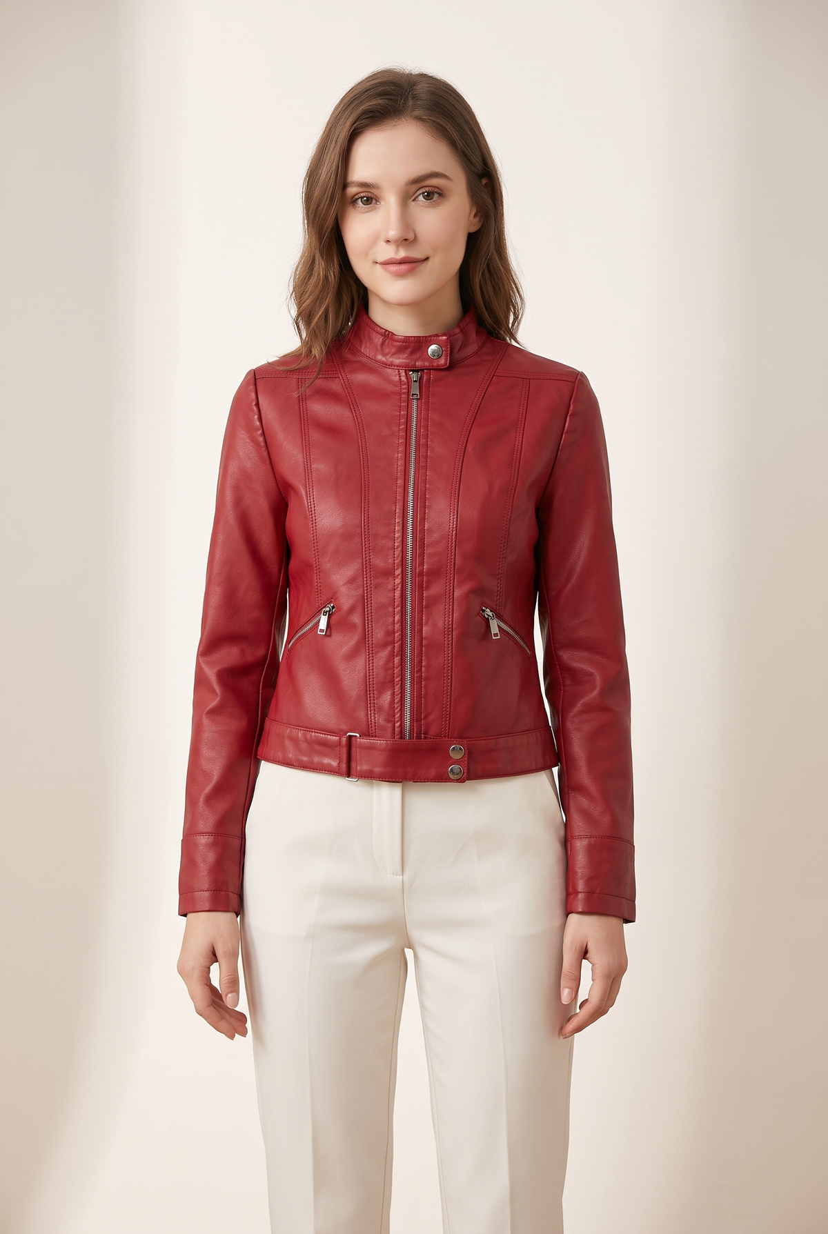 Linda Women's Cropped Faux Leather Stand-Collar Moto Biker Jacket in Red, on model