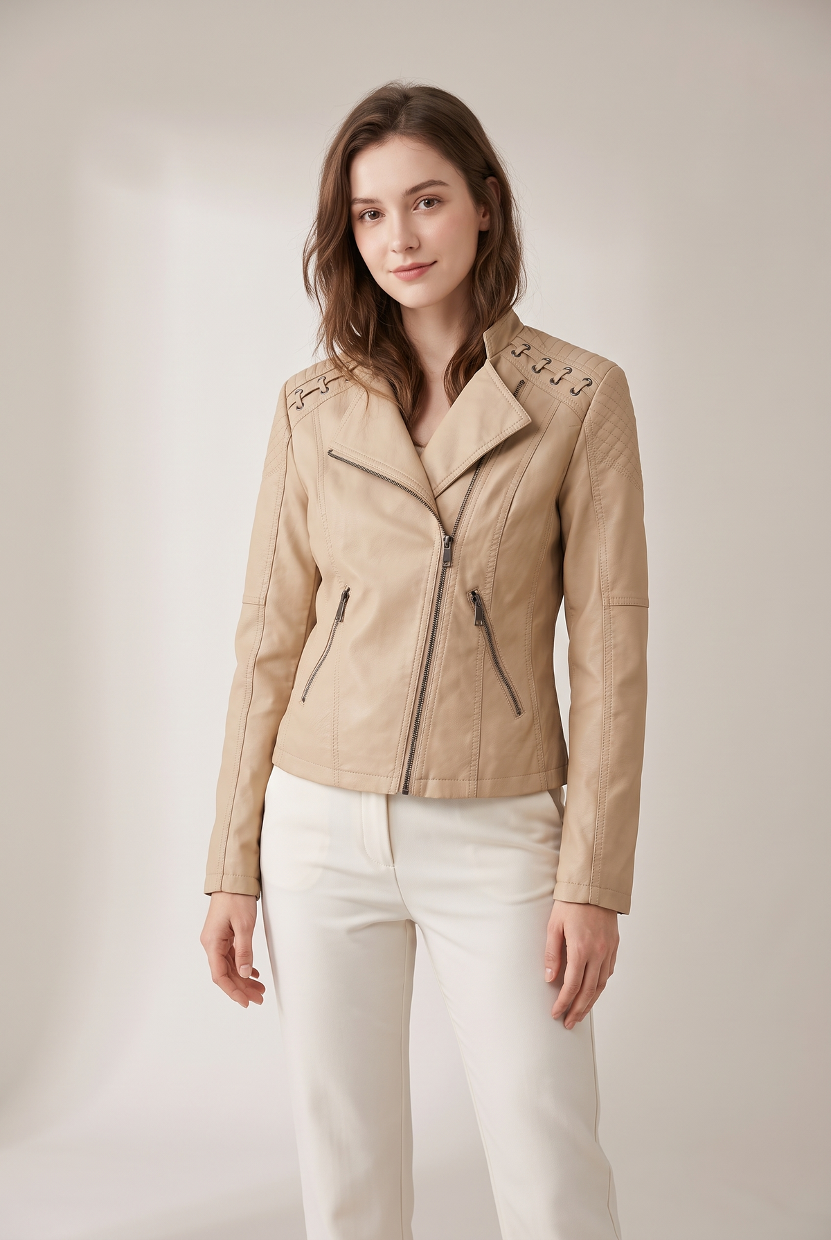 Jenny Women's Moto-Style Zip-Up Faux Leather Biker Jacket in Khaki, on model