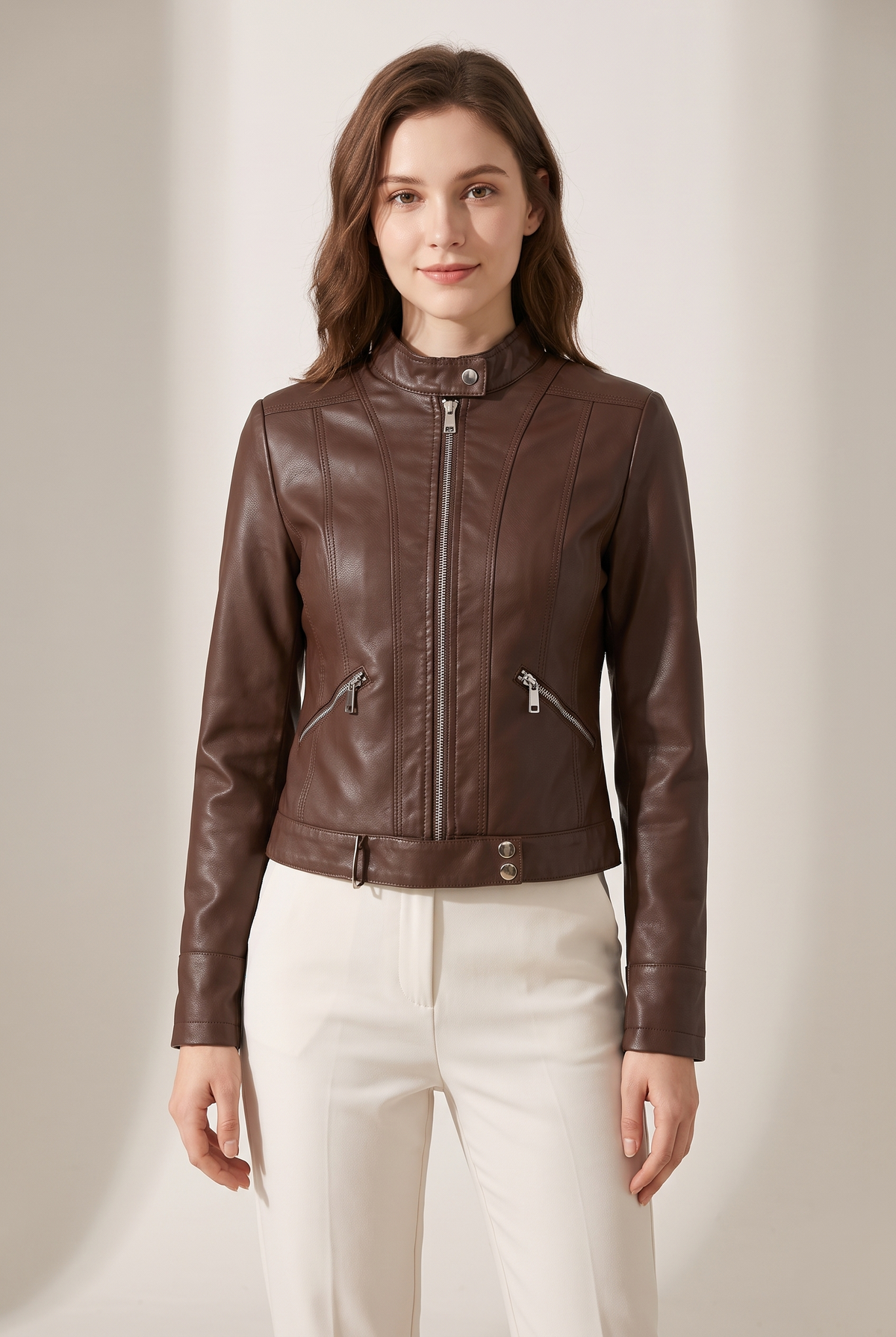 Linda Women's Cropped Faux Leather Stand-Collar Moto Biker Jacket in Brown, on model
