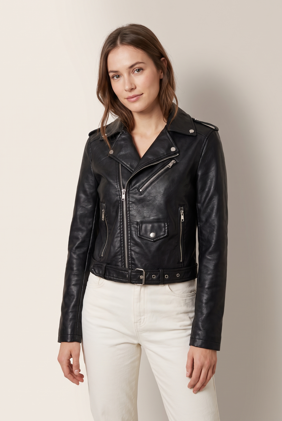 Gina Women's Cropped Faux Leather Belted Moto Biker Jacket in Black, on model