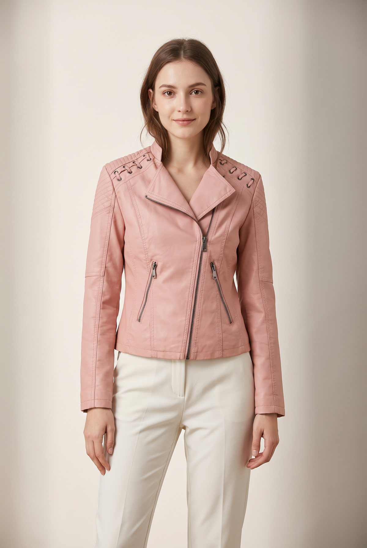 Jenny Women's Moto-Style Zip-Up Faux Leather Biker Jacket in Pink, on model