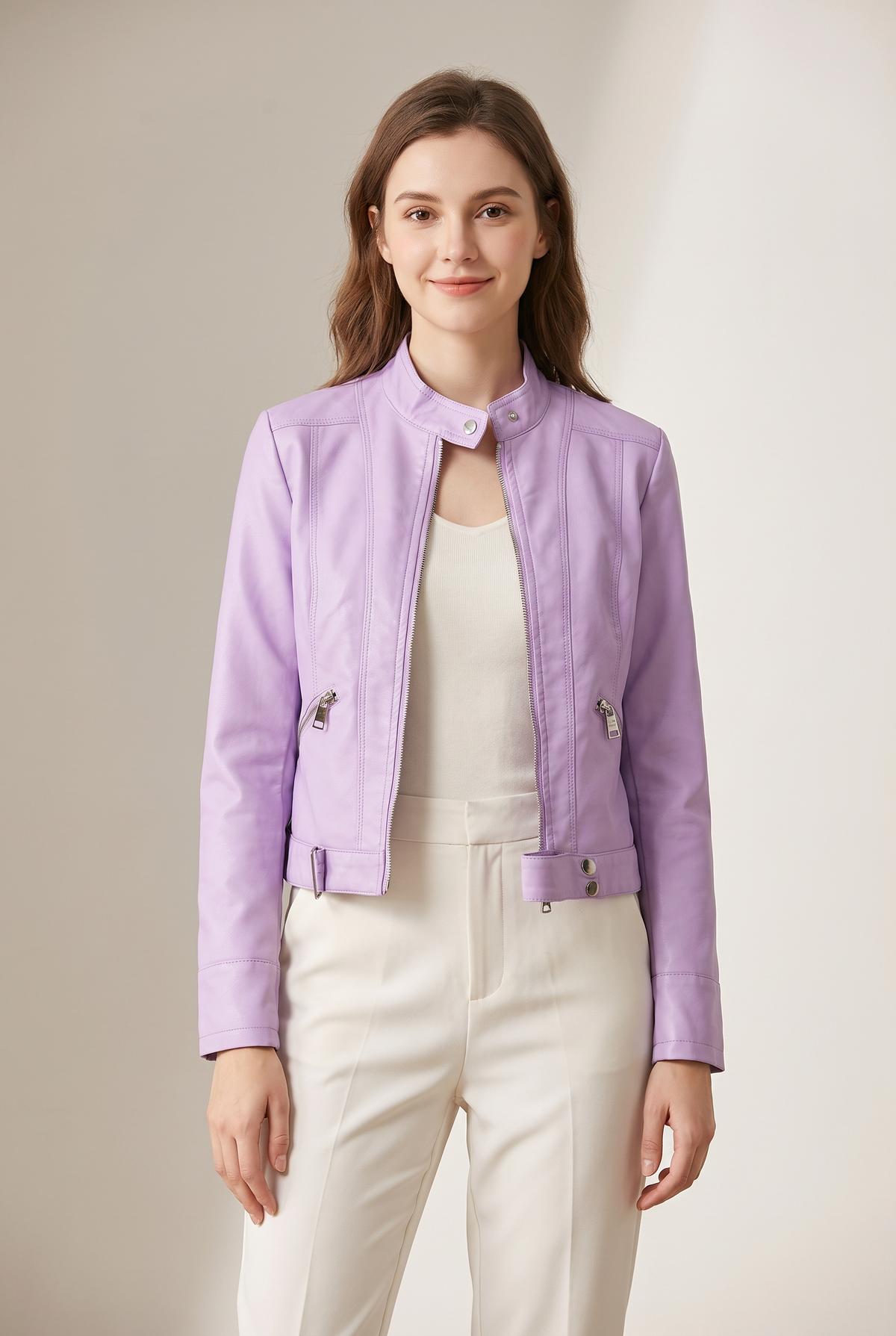 Linda Women's Cropped Faux Leather Stand-Collar Moto Biker Jacket in Lilac, on model