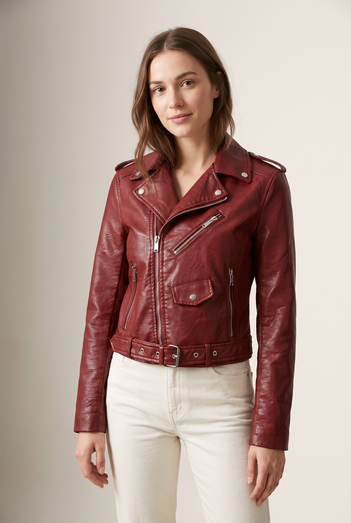 Gina Women's Cropped Faux Leather Belted Moto Biker Jacket in Red, on model