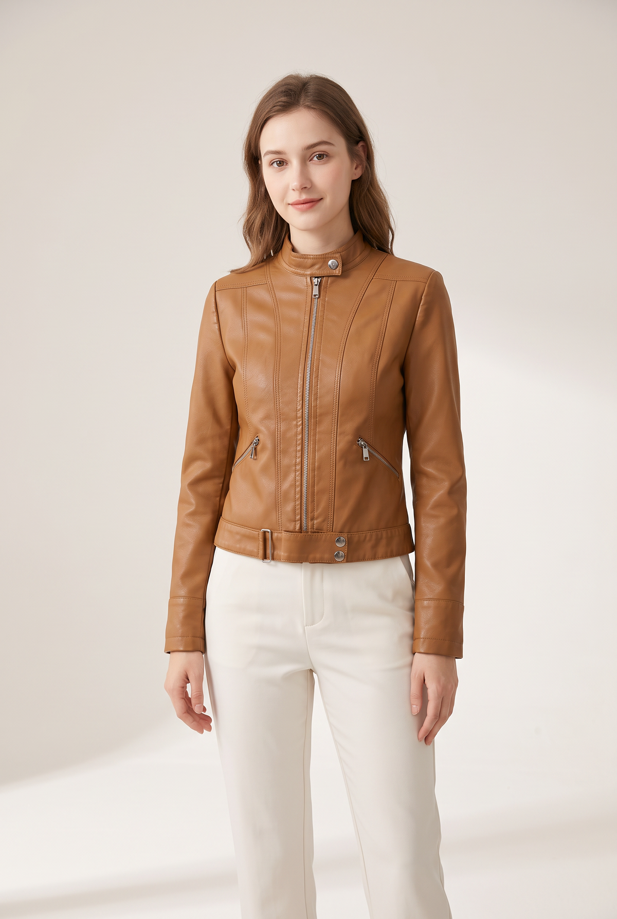 Linda Women's Cropped Faux Leather Stand-Collar Moto Biker Jacket in Light Brown, on model