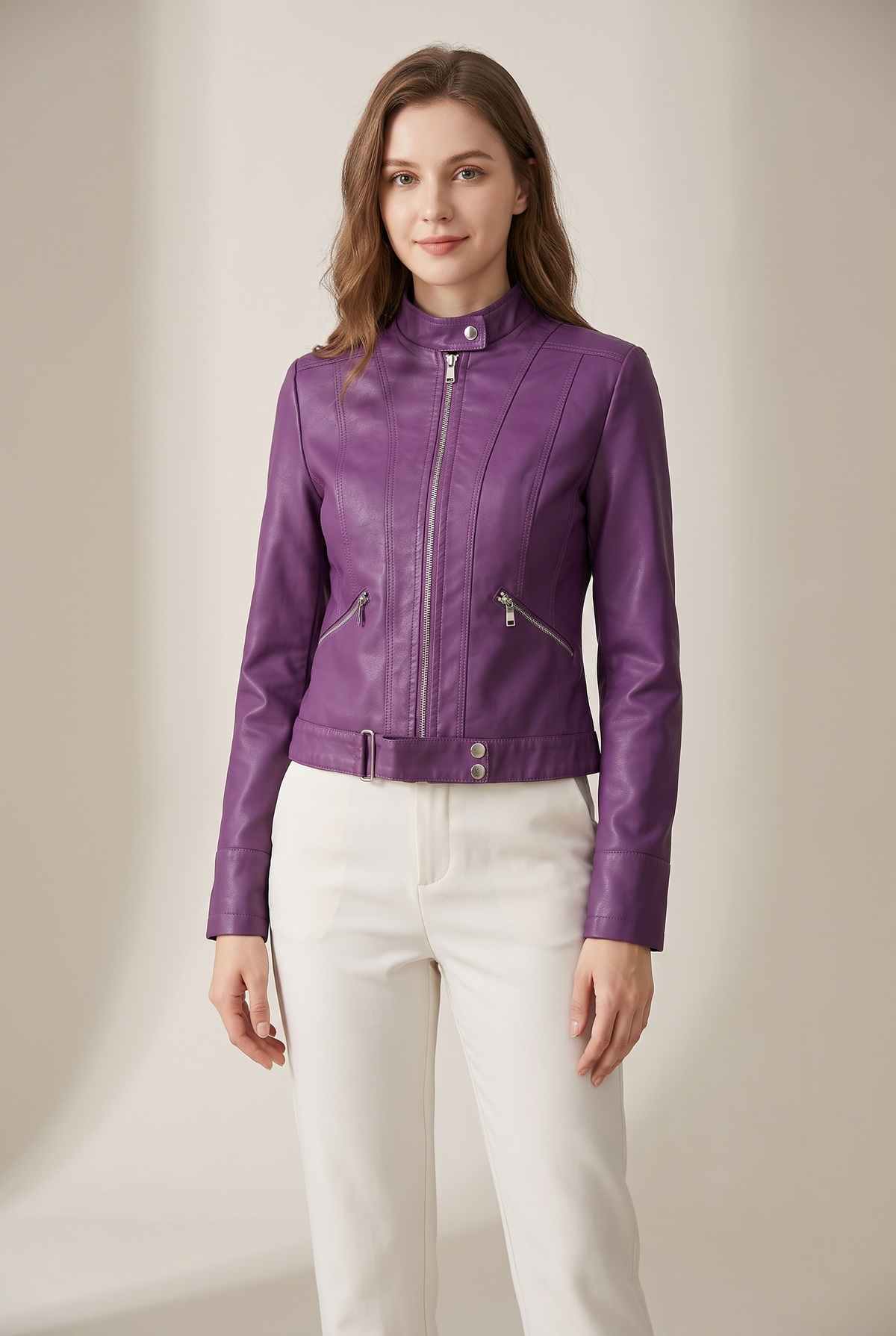 Linda Women's Cropped Faux Leather Stand-Collar Moto Biker Jacket in Dark Violet, on model