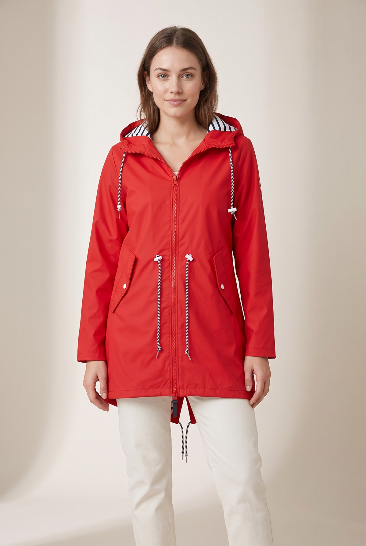 Vicky Women's Hooded Drawstring Jacket in Red, on model