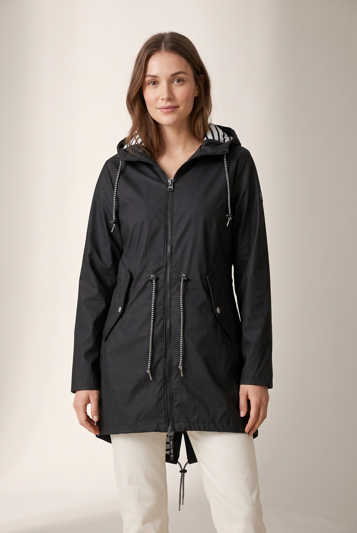 Vicky Women's Hooded Drawstring Jacket in Black, on model