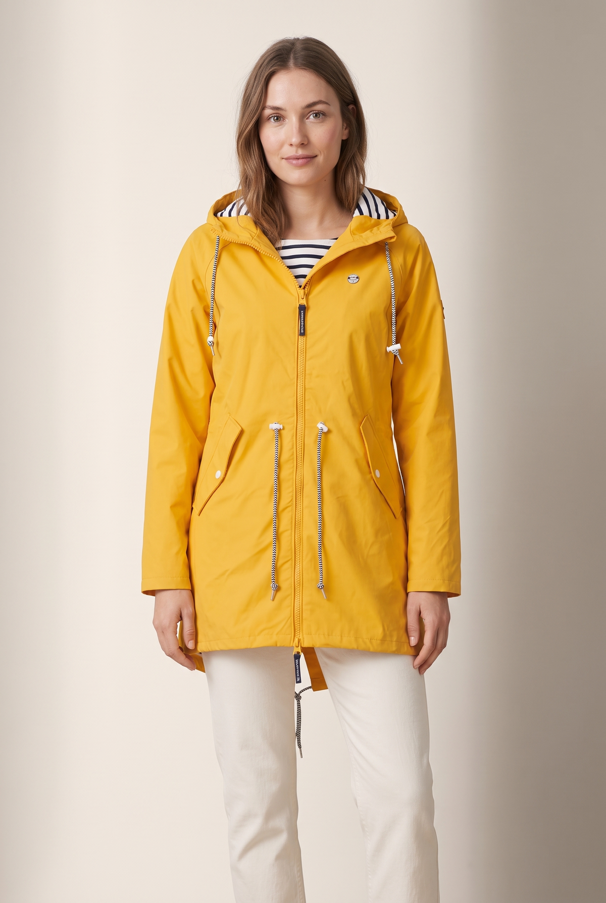 Vicky Women's Hooded Drawstring Jacket in Yellow, on model