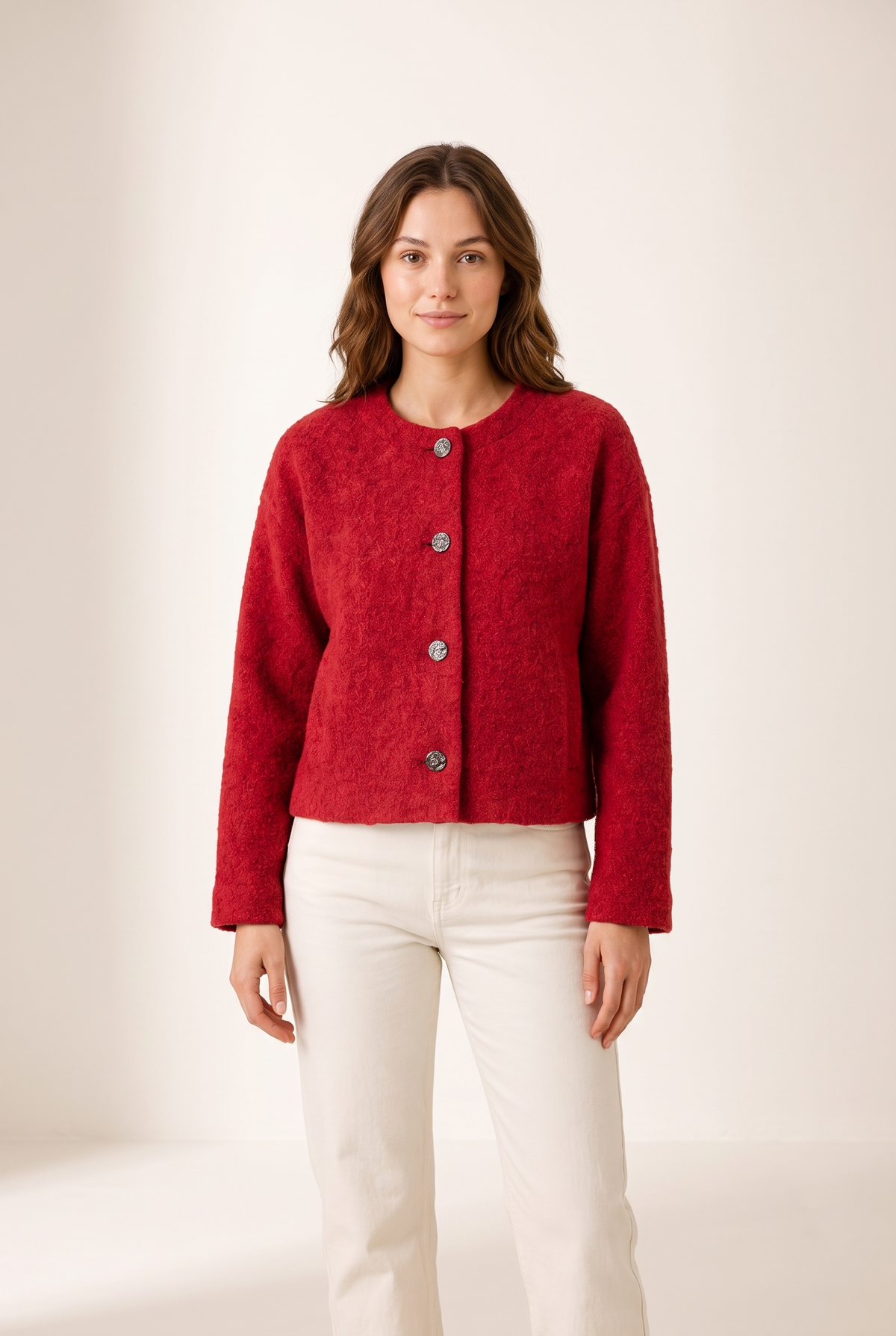 Fiona Women's Relaxed Cropped Winter Jacket in Red, on model
