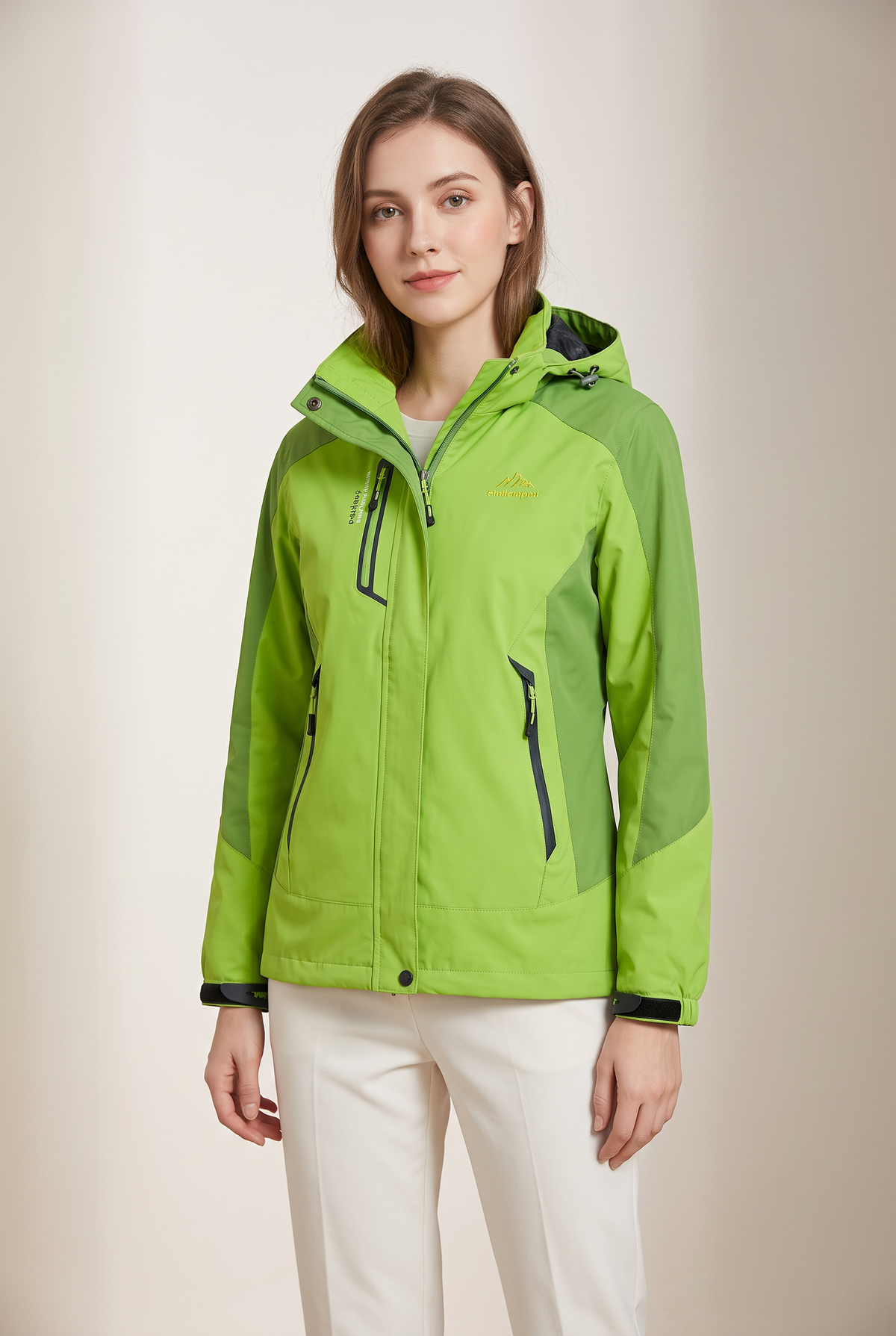 Lindsay Women's Hooded Outdoor Shell Jacket in Green, on model