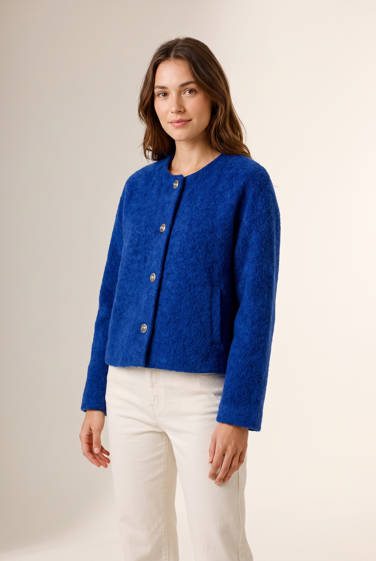 Fiona Women's Relaxed Cropped Winter Jacket in Blue, on model