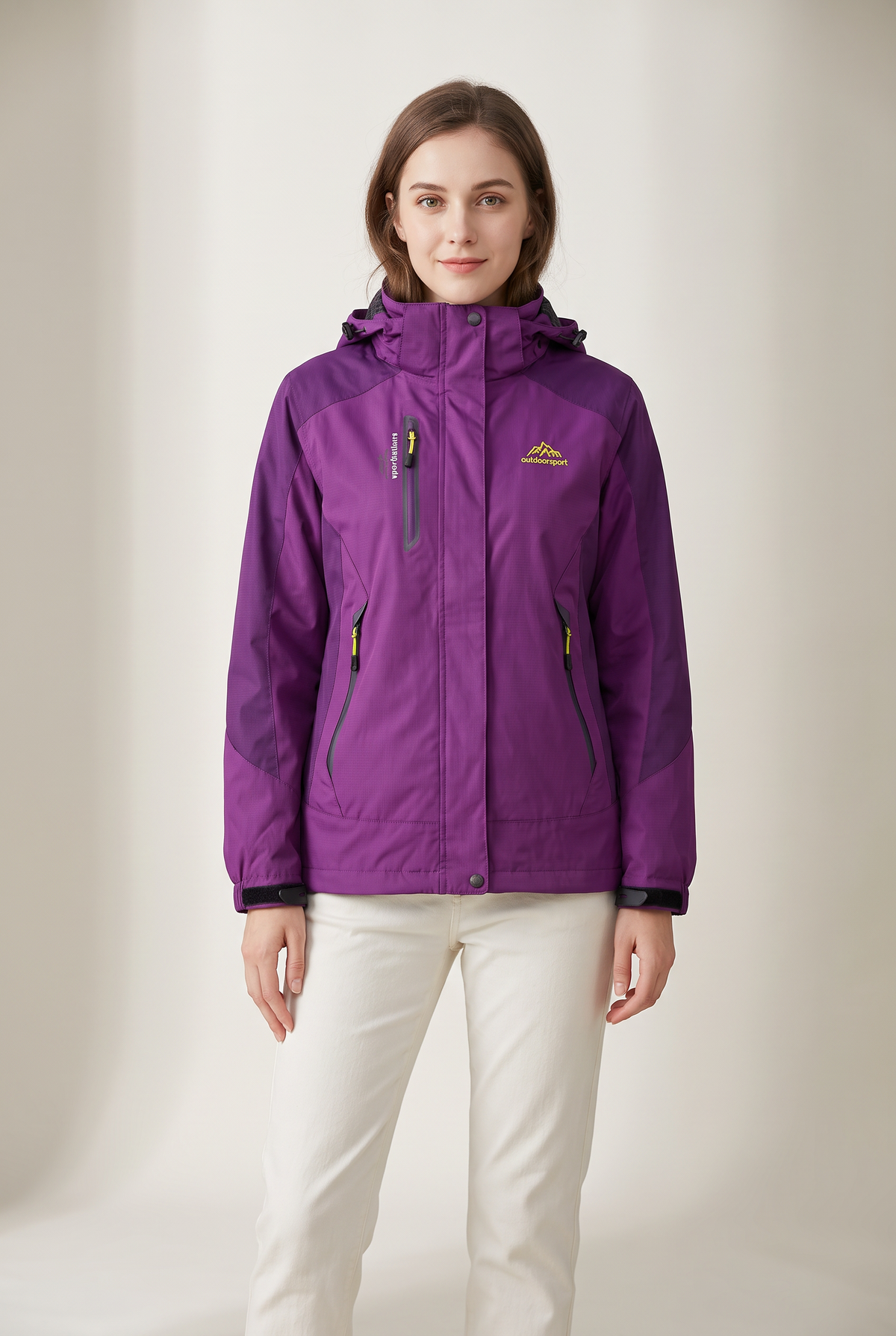 Lindsay Women's Hooded Outdoor Shell Jacket in Purple, on model
