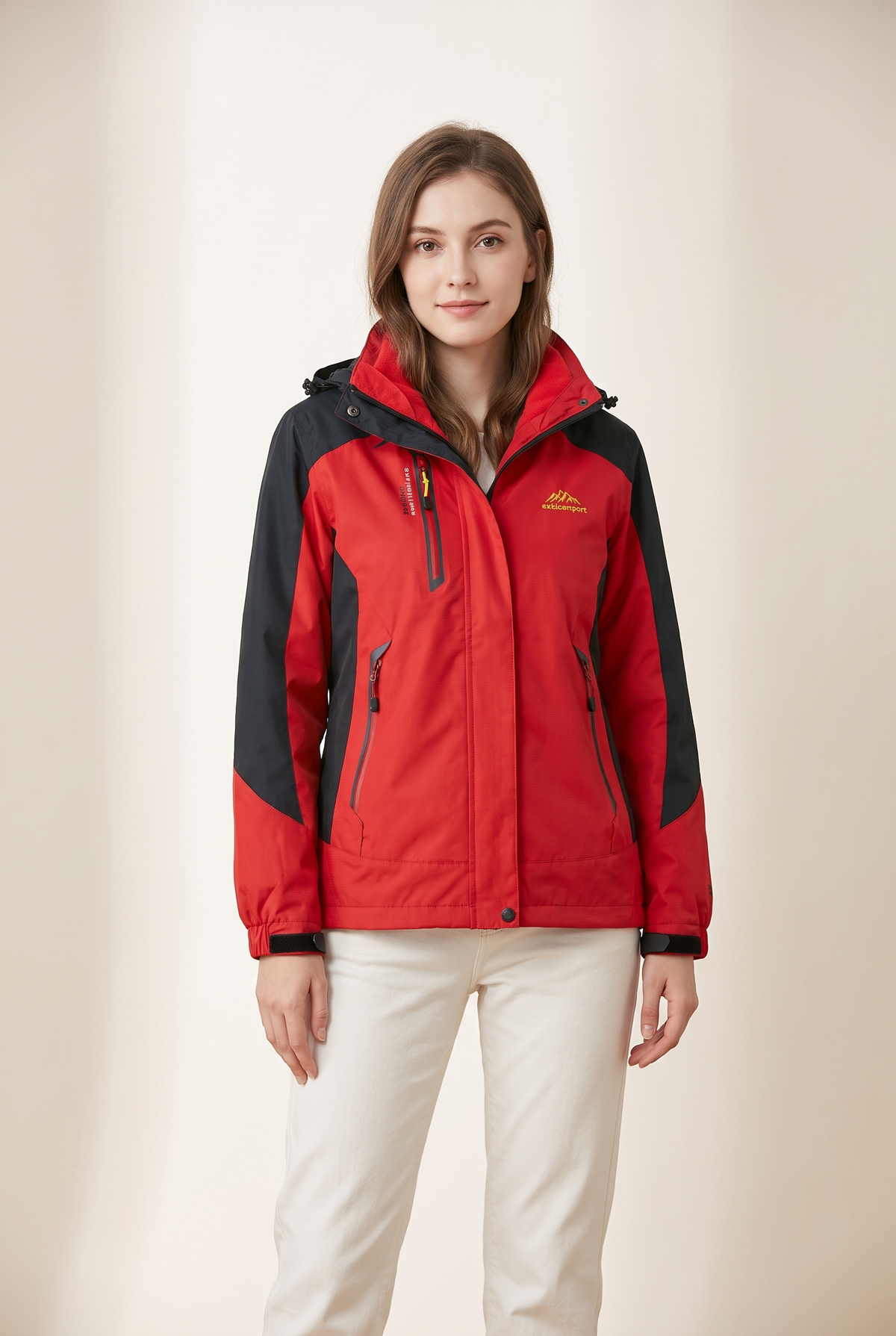 Lindsay Women's Hooded Outdoor Shell Jacket in Red, on model