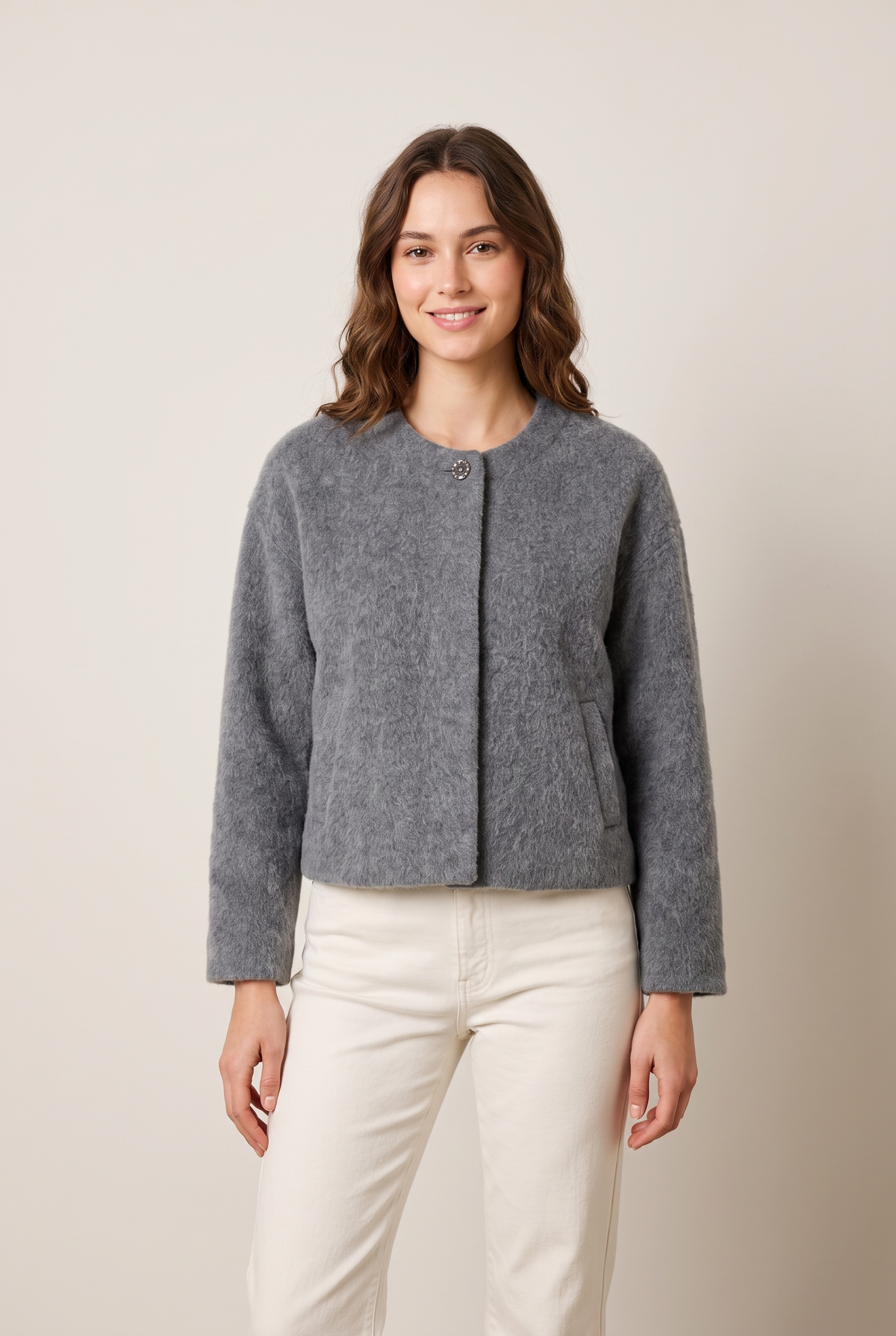 Fiona Women's Relaxed Cropped Winter Jacket in Gray, on model