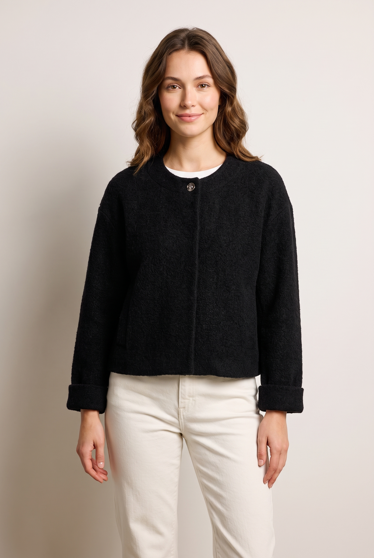 Fiona Women's Relaxed Cropped Winter Jacket in Black, on model