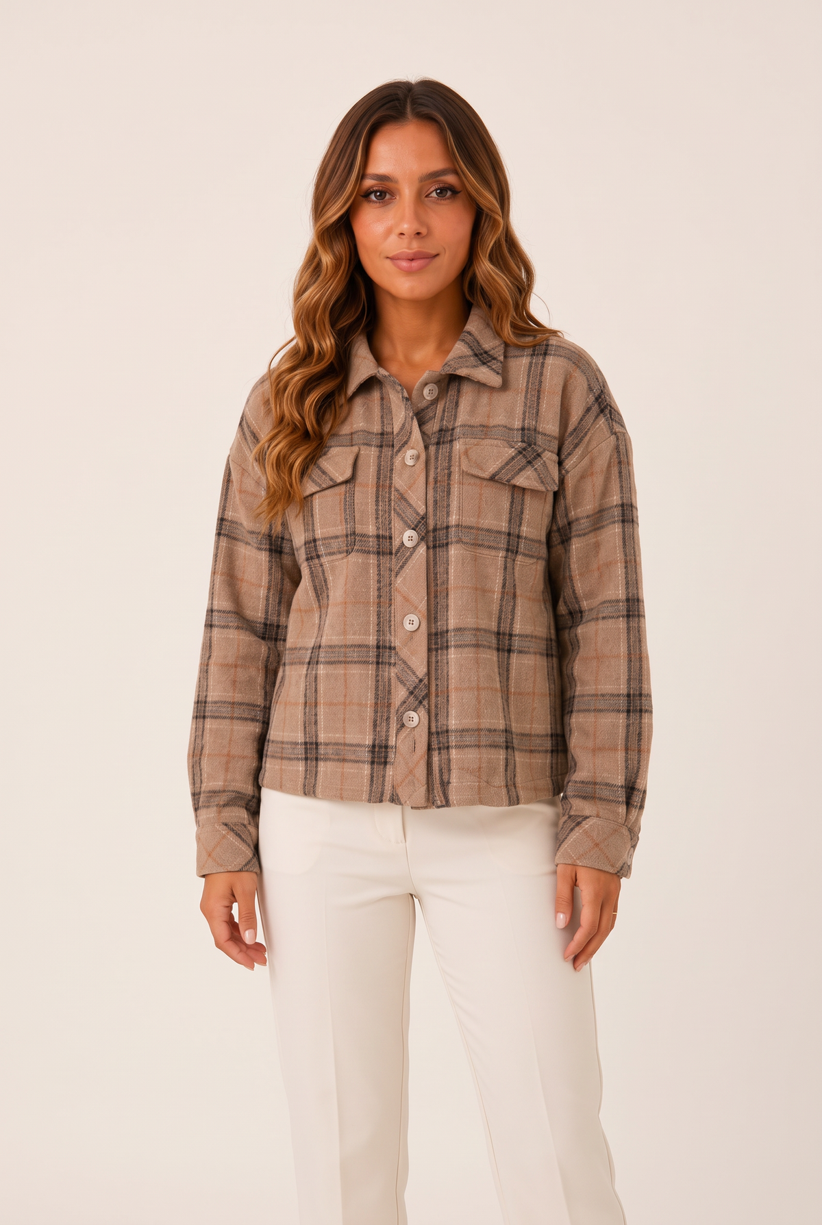 Mila Women's Cropped Plaid Shirt Winter Jacket in Brown, on model
