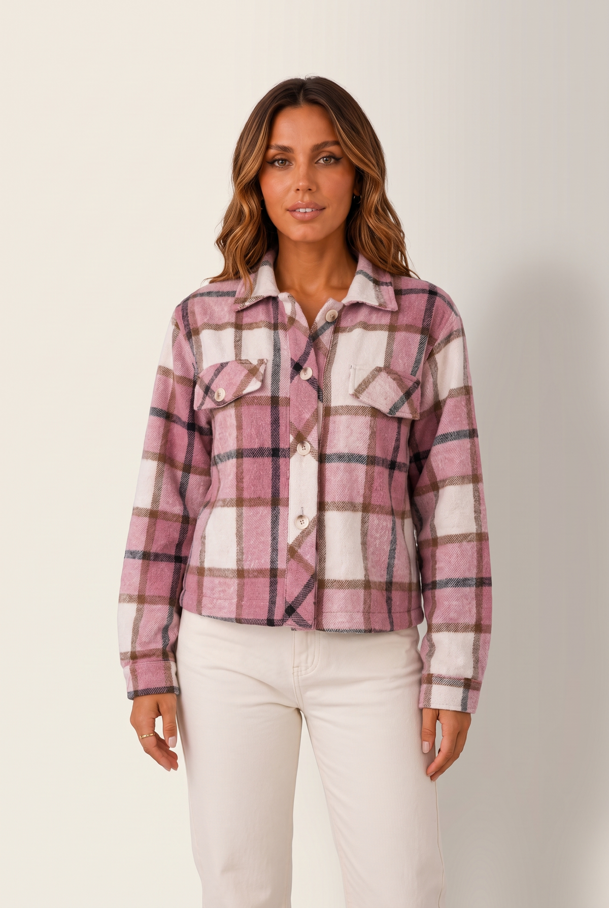 Mila Women's Cropped Plaid Shirt Winter Jacket in Pink, on model