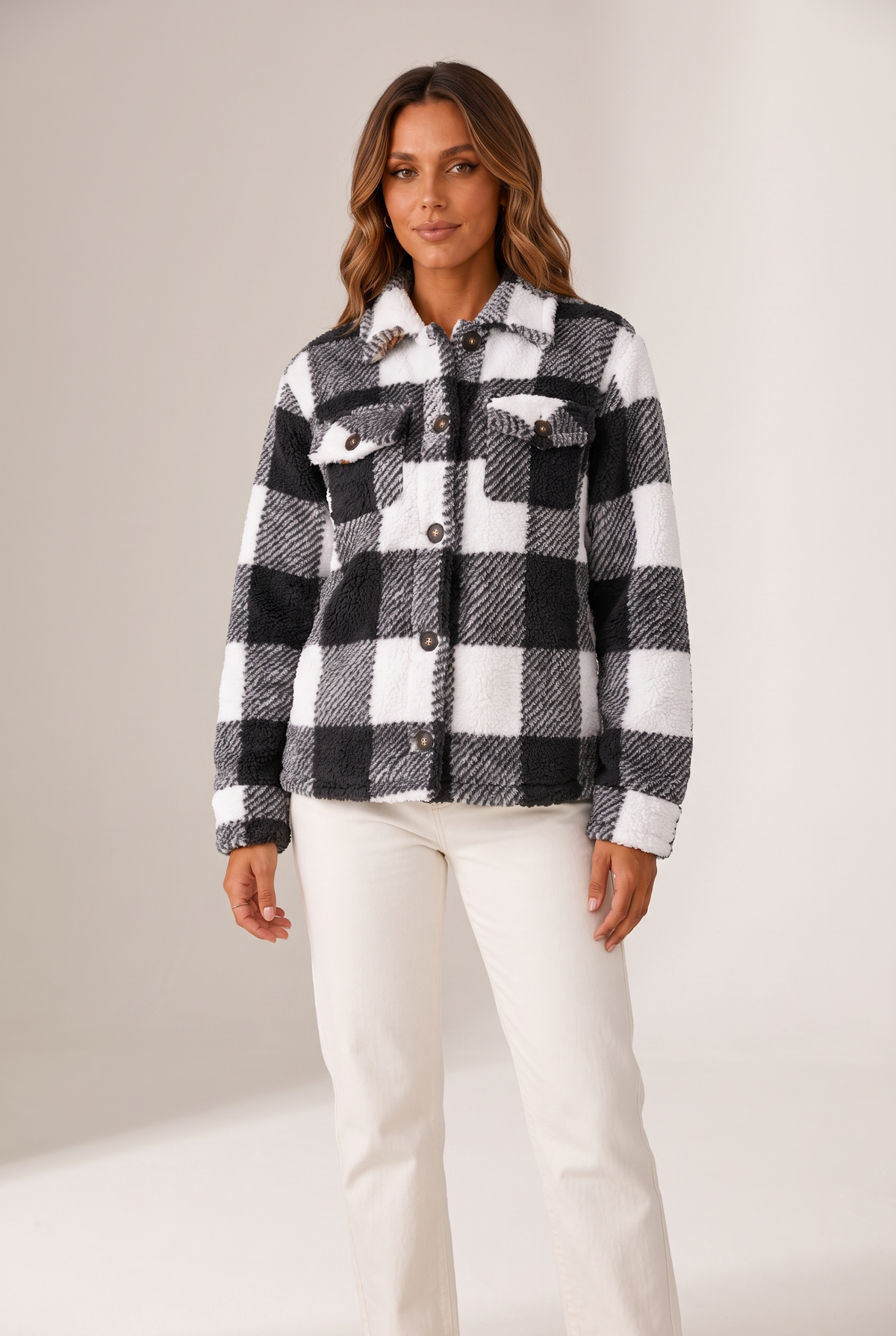 Lize Women's Plaid Sherpa Button-Up Winter Jacket in Black, on model